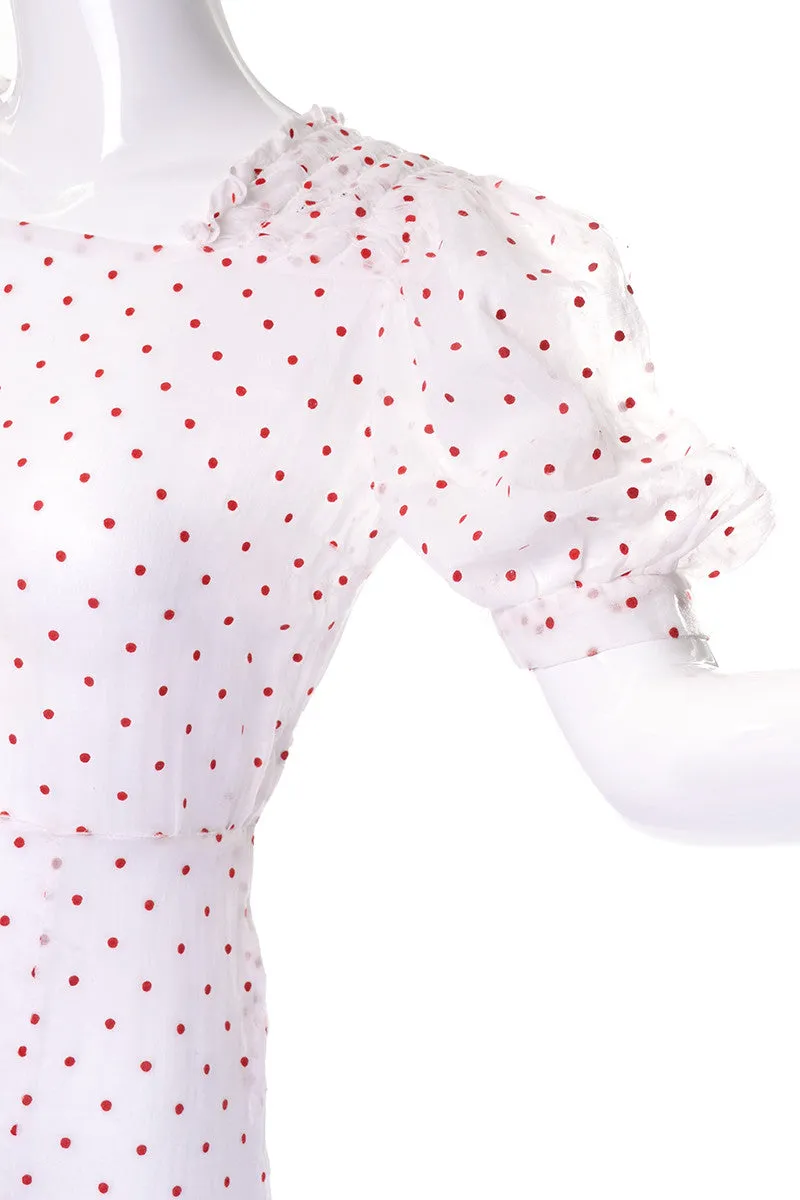 1930's Sheer White Cotton Red Polka Dot Vintage Dress