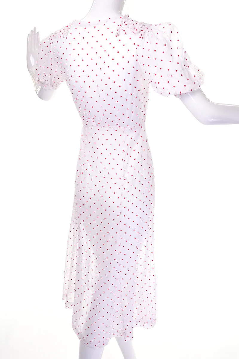 1930's Sheer White Cotton Red Polka Dot Vintage Dress