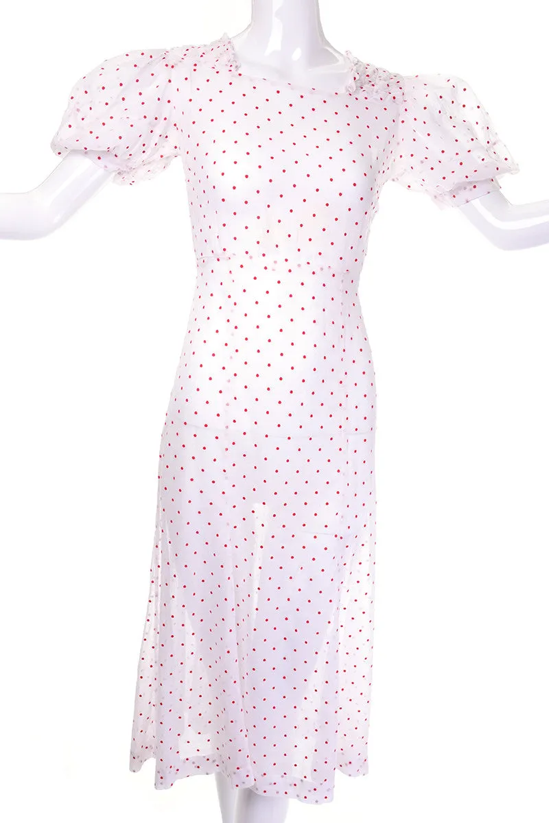1930's Sheer White Cotton Red Polka Dot Vintage Dress