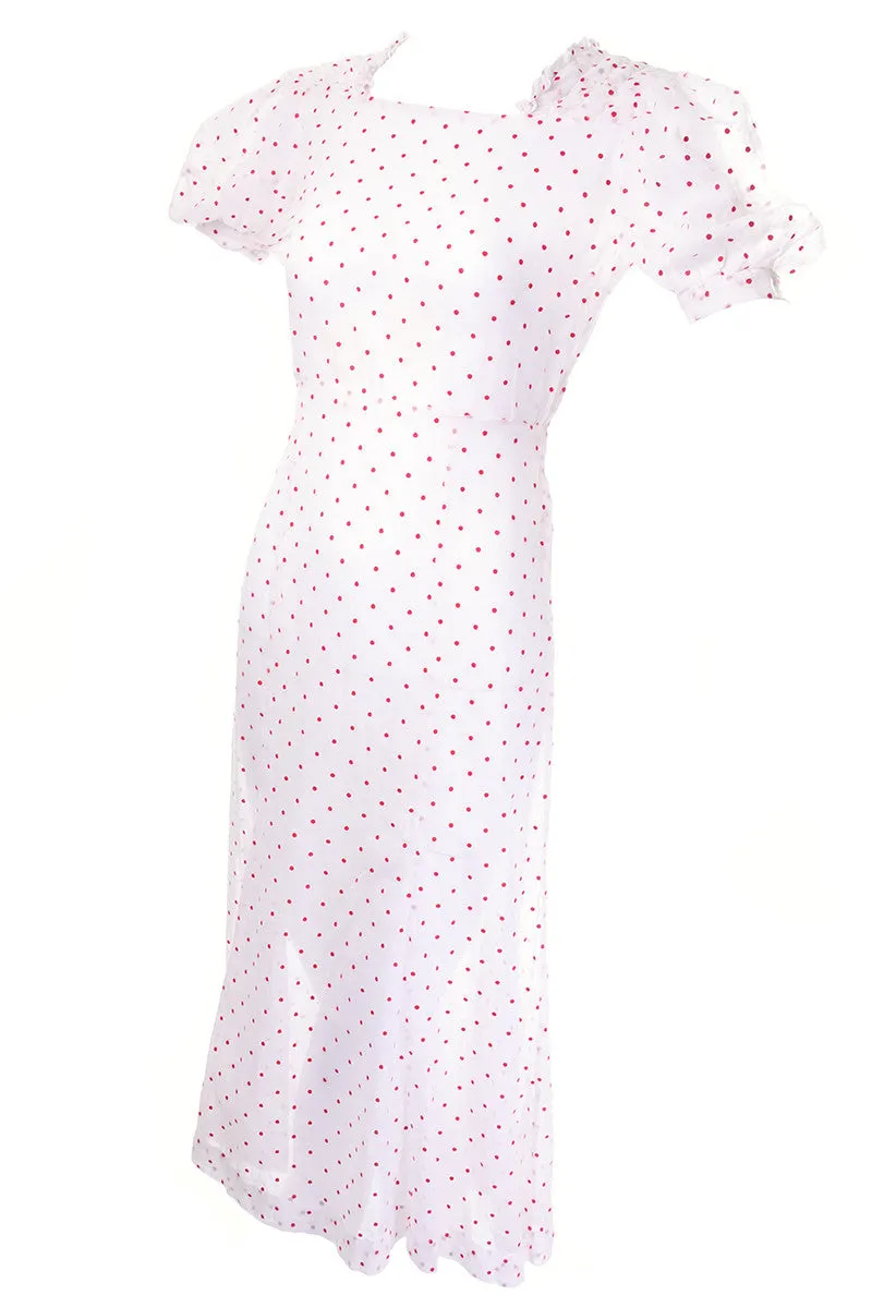 1930's Sheer White Cotton Red Polka Dot Vintage Dress