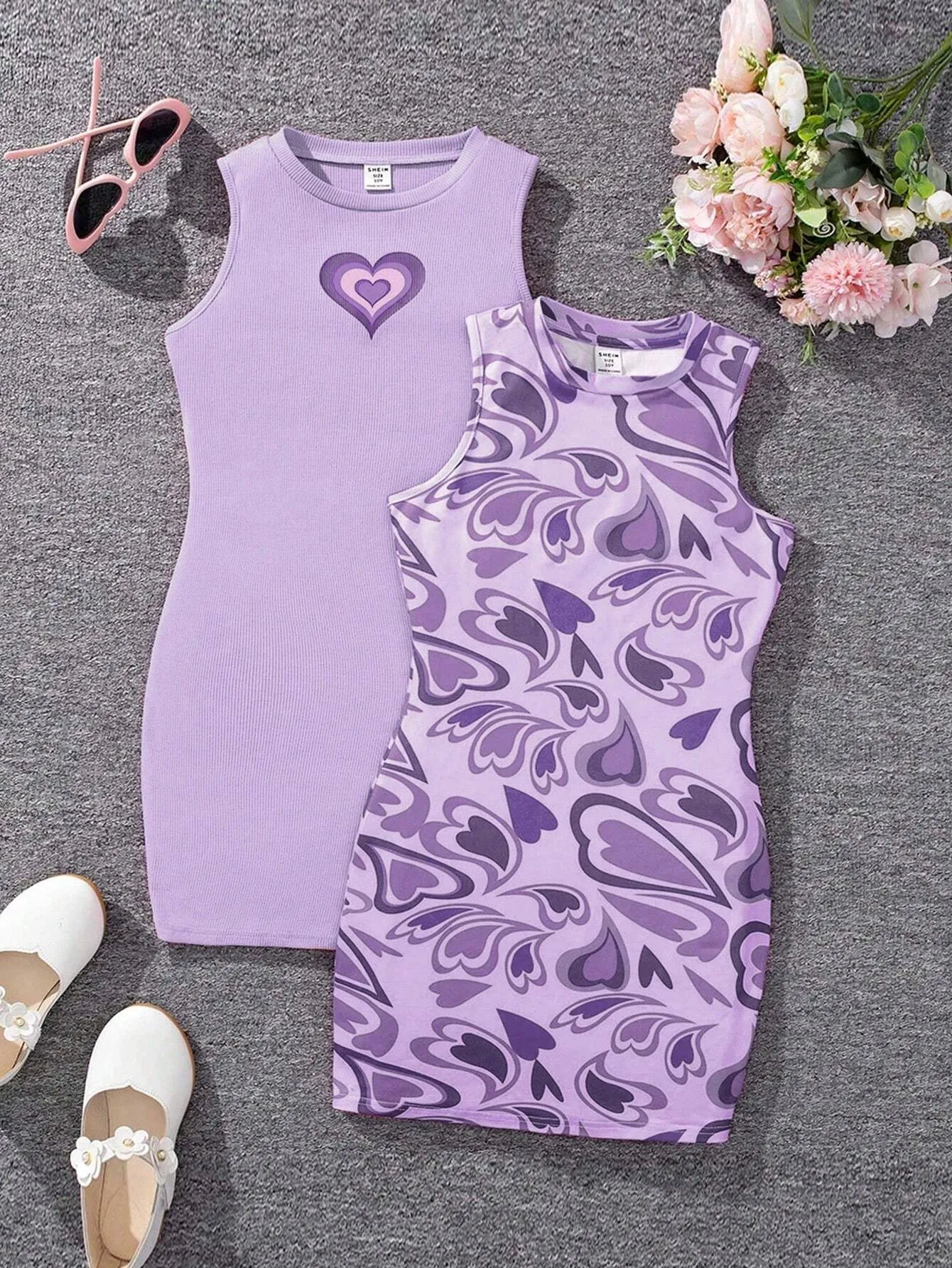 2pcs Young Girl's Knit Solid Heart Pattern Round Neck Sleeveless Fitted Casual Dress Set