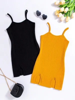 2pcs/Set Girls' Knitted Tank Dress With Slit Hem, Casual Wear, Spring/Summer