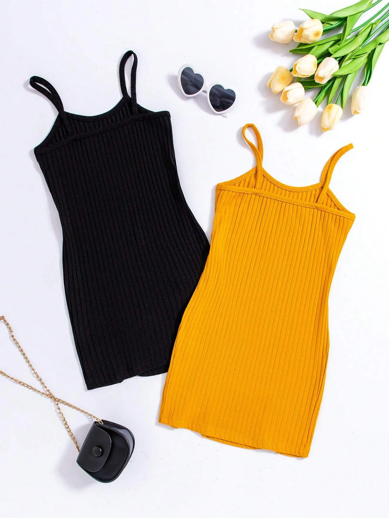 2pcs/Set Girls' Knitted Tank Dress With Slit Hem, Casual Wear, Spring/Summer