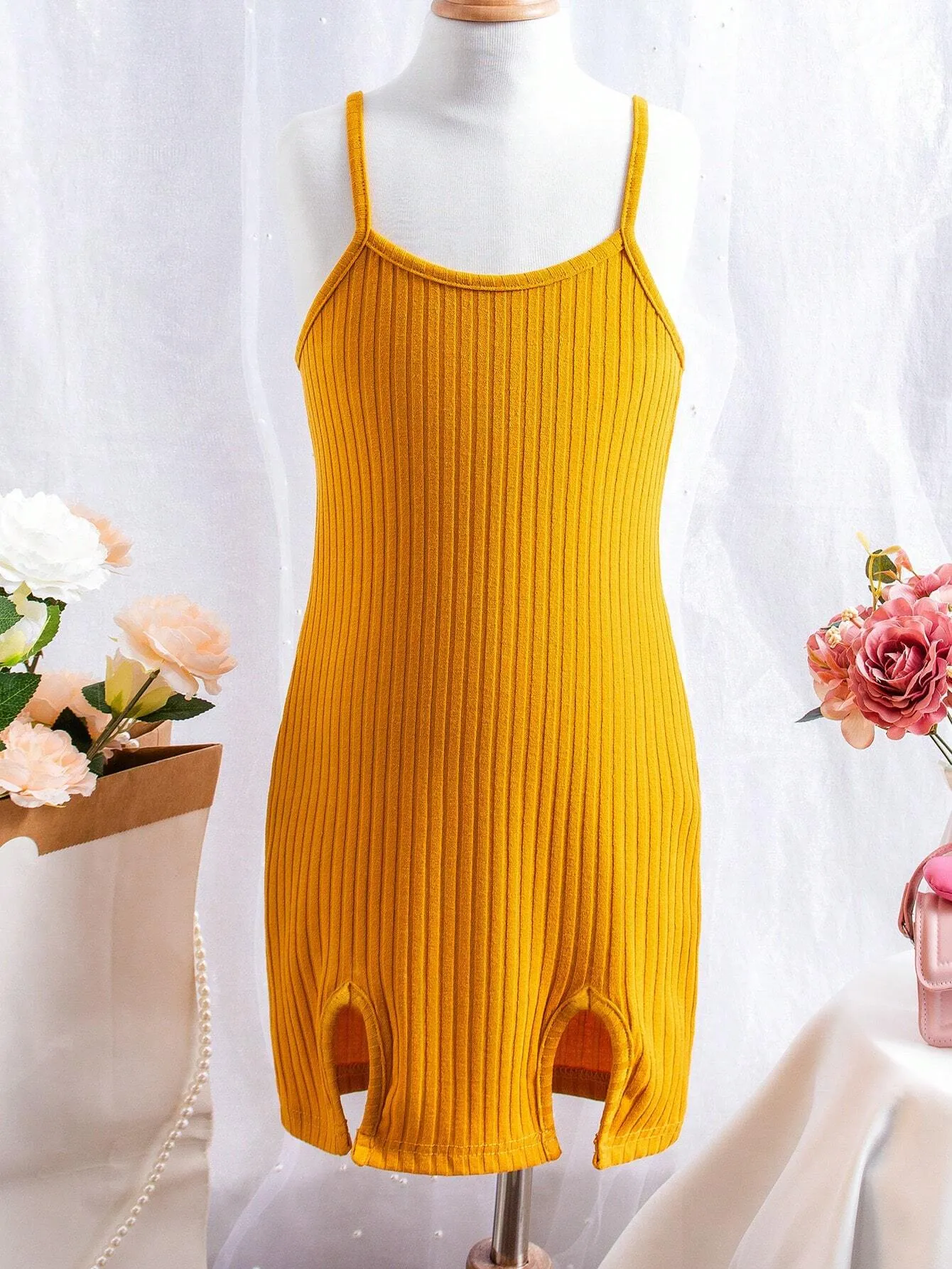2pcs/Set Girls' Knitted Tank Dress With Slit Hem, Casual Wear, Spring/Summer