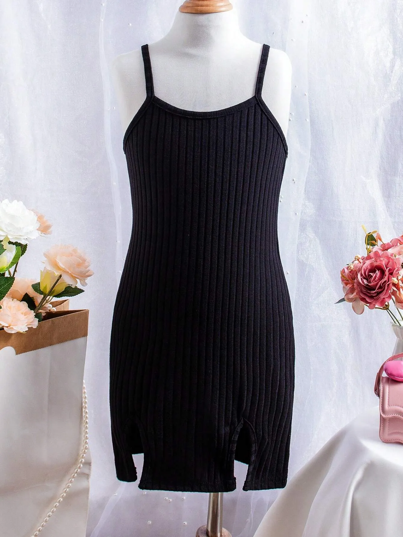 2pcs/Set Girls' Knitted Tank Dress With Slit Hem, Casual Wear, Spring/Summer
