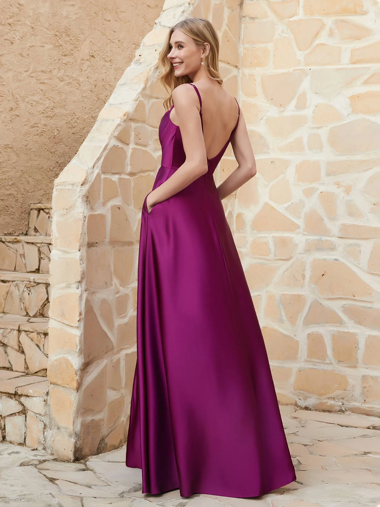 A-line Cowl Neck Satin Dress with Slit Orchid Plus Size