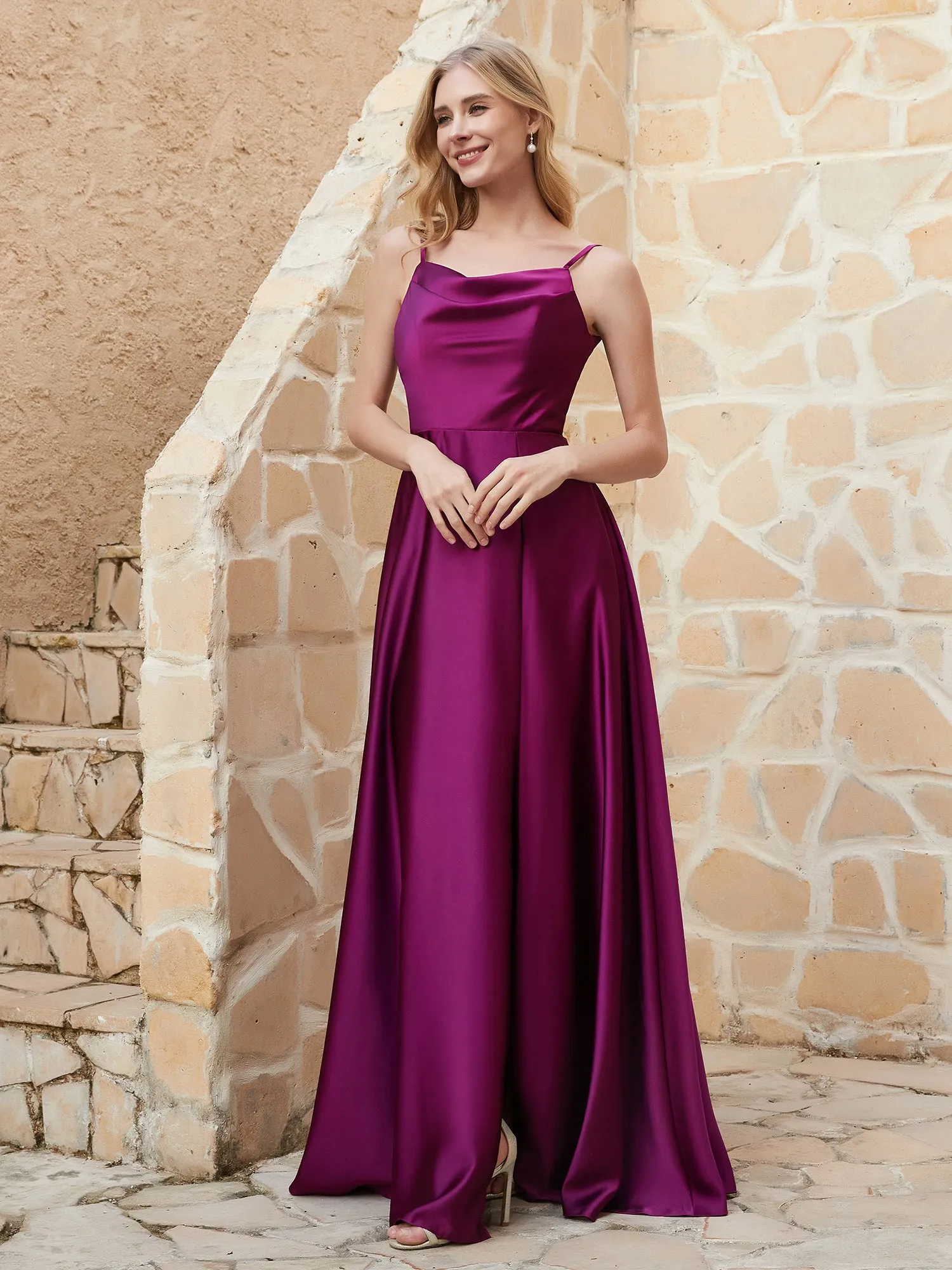 A-line Cowl Neck Satin Dress with Slit Orchid Plus Size