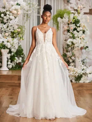 Appliqued Plunging V-neck Spaghetti Straps Wedding Dress White