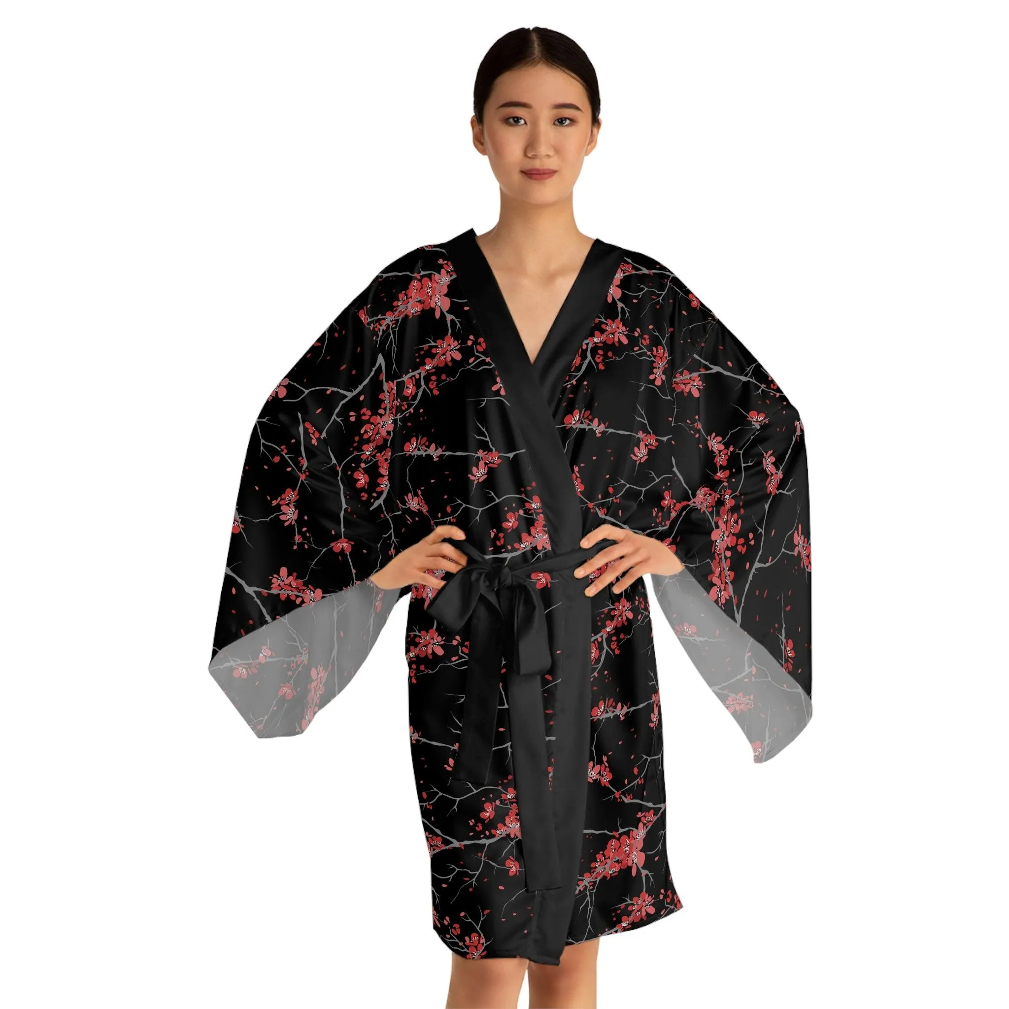 Artistic Japanese Blossom Long Sleeve Kimono Robe - Customizable Poly Fashion Piece with Distinctive Design