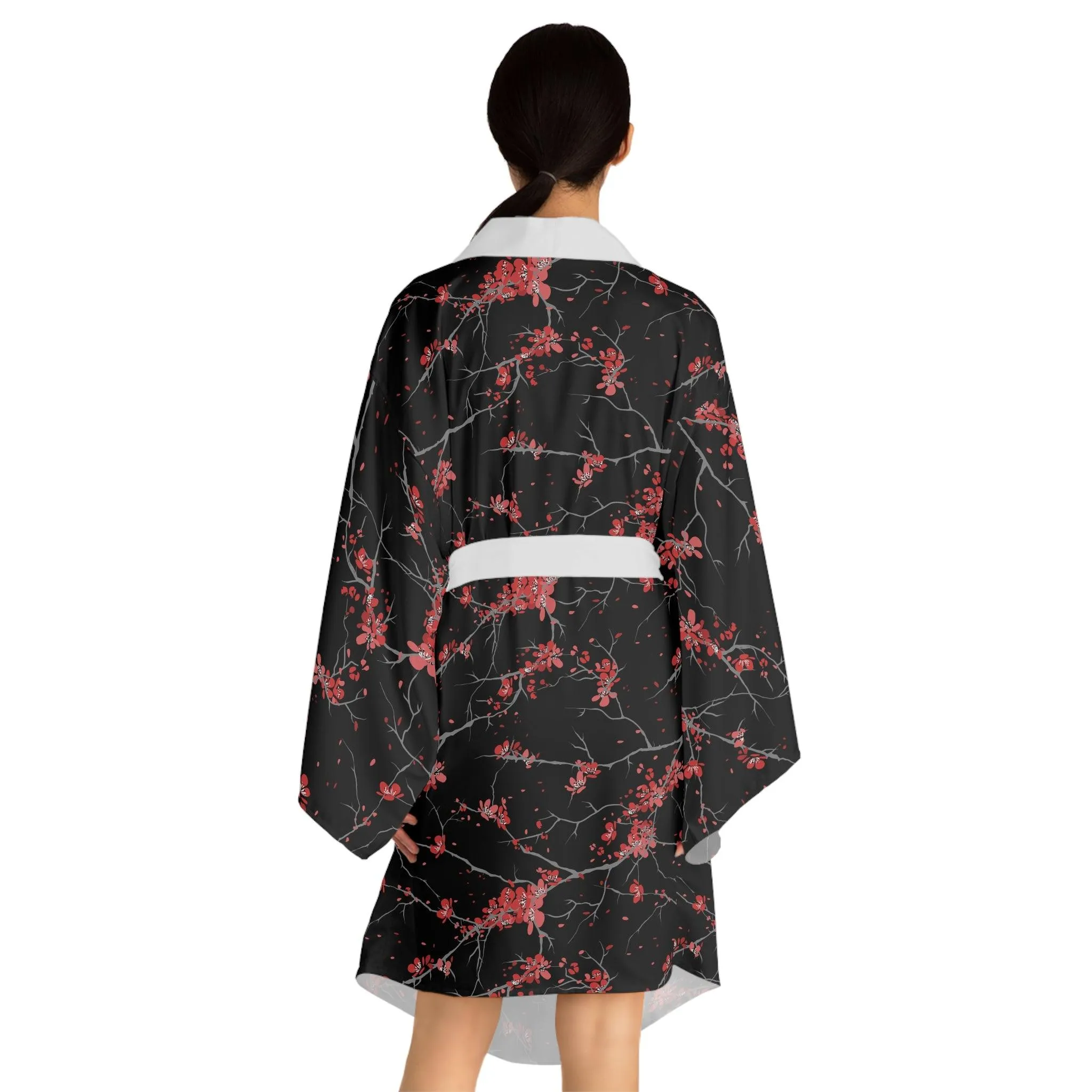 Artistic Japanese Blossom Long Sleeve Kimono Robe - Customizable Poly Fashion Piece with Distinctive Design
