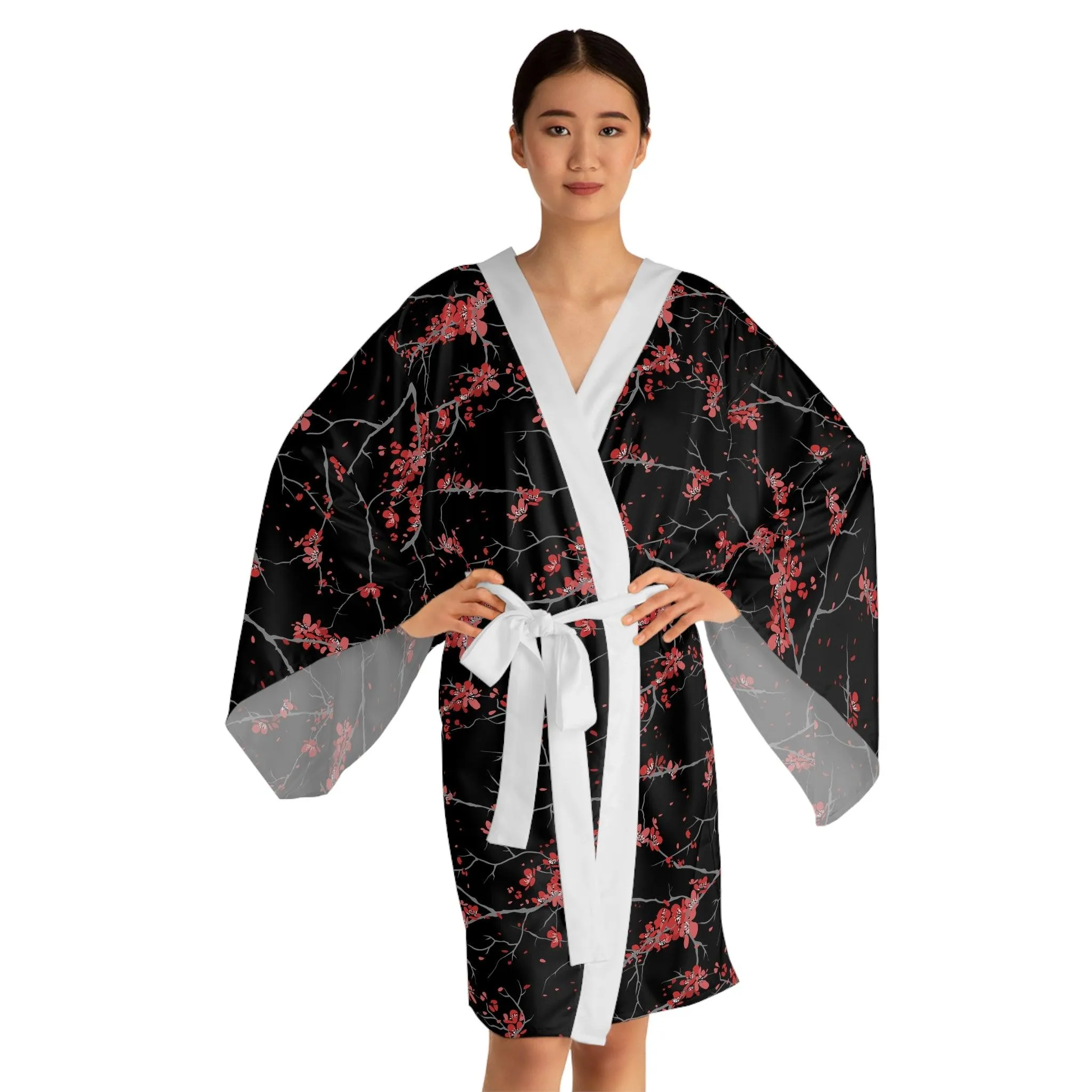 Artistic Japanese Blossom Long Sleeve Kimono Robe - Customizable Poly Fashion Piece with Distinctive Design