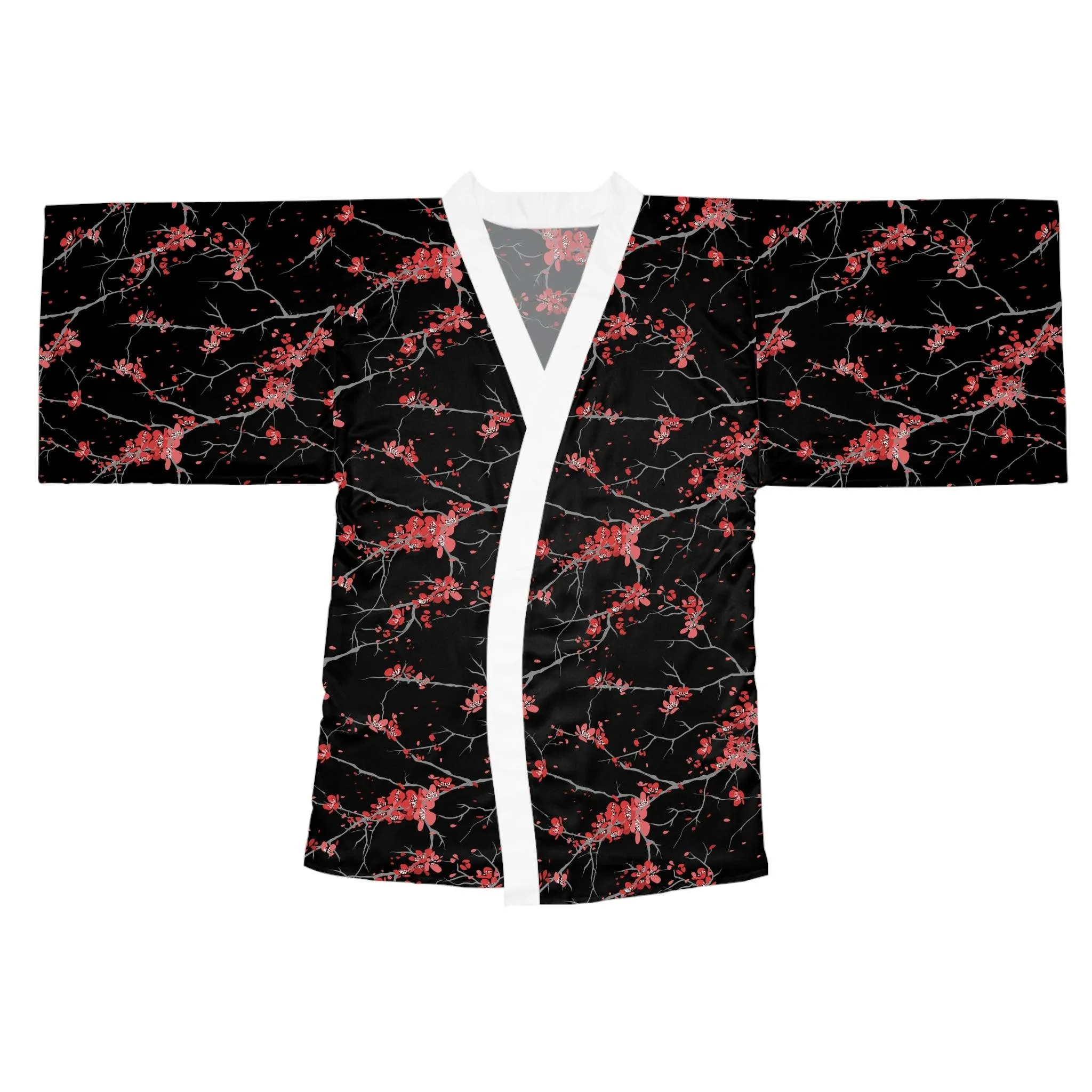 Artistic Japanese Blossom Long Sleeve Kimono Robe - Customizable Poly Fashion Piece with Distinctive Design