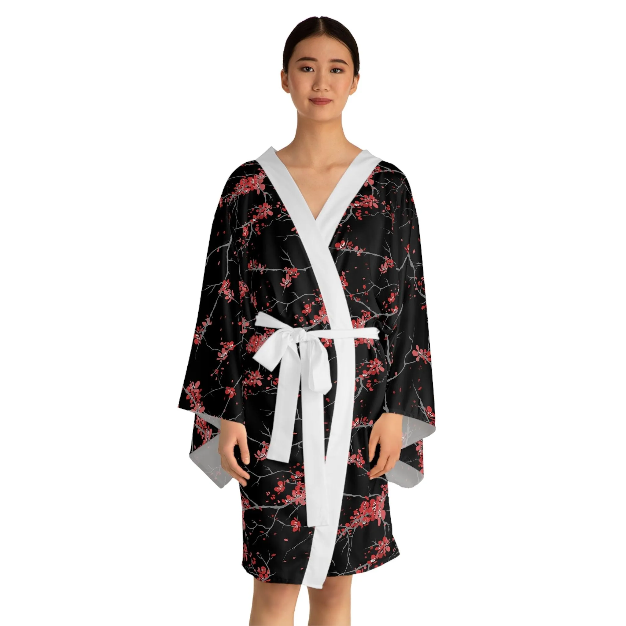 Artistic Japanese Blossom Long Sleeve Kimono Robe - Customizable Poly Fashion Piece with Distinctive Design