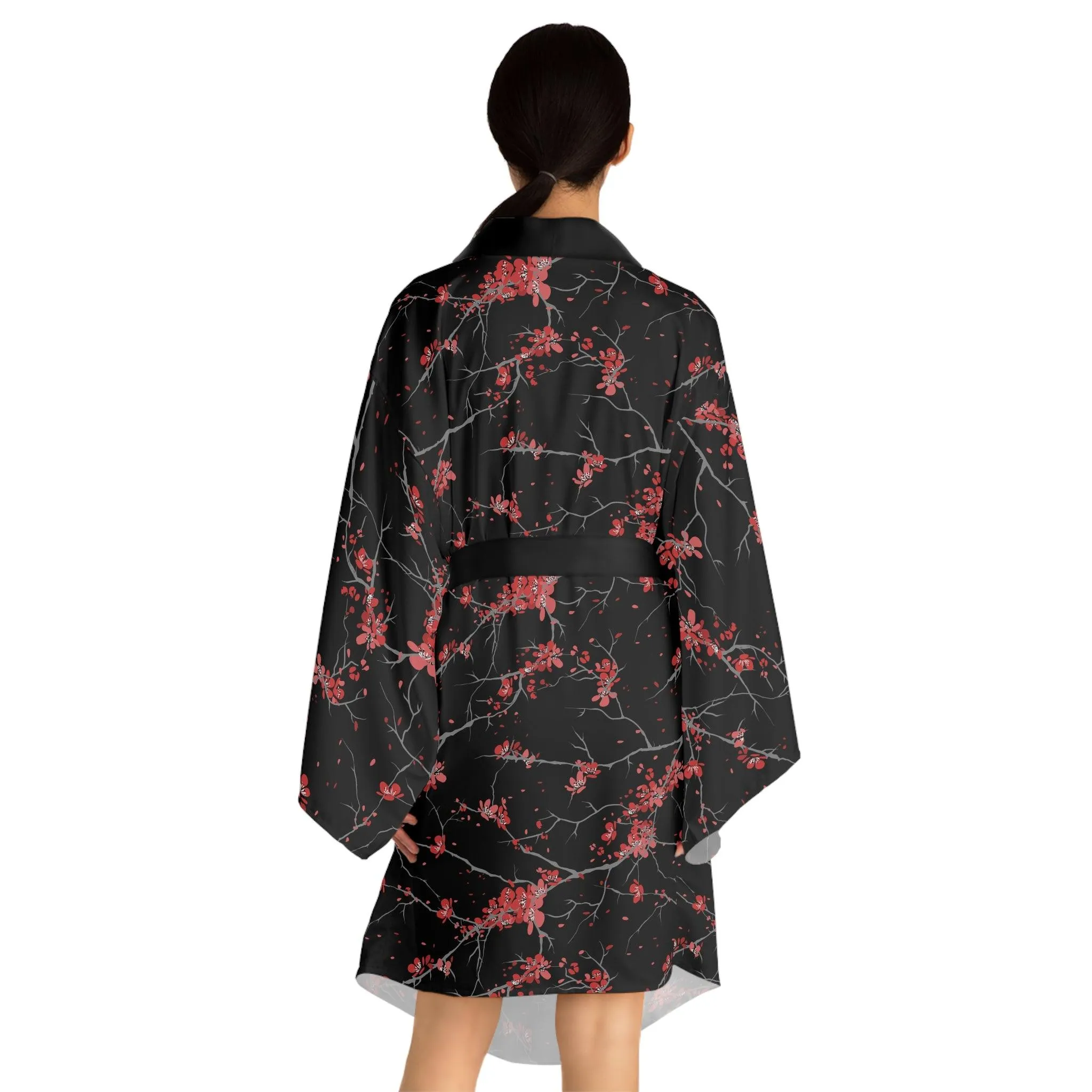 Artistic Japanese Blossom Long Sleeve Kimono Robe - Customizable Poly Fashion Piece with Distinctive Design