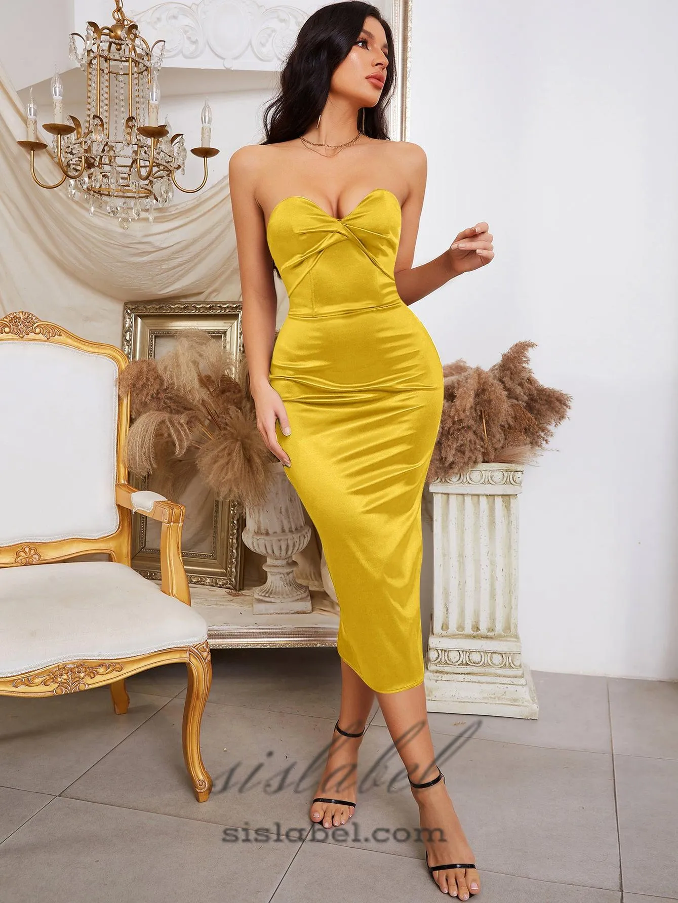 backless split twist-front bodycon midi dress in gold