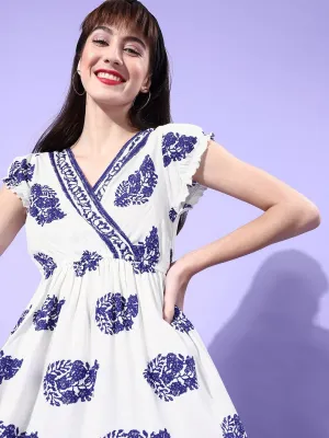 Berrylush Women White & Blue Ethnic Motif A-Line V-Neck Ruffle Mini Dress