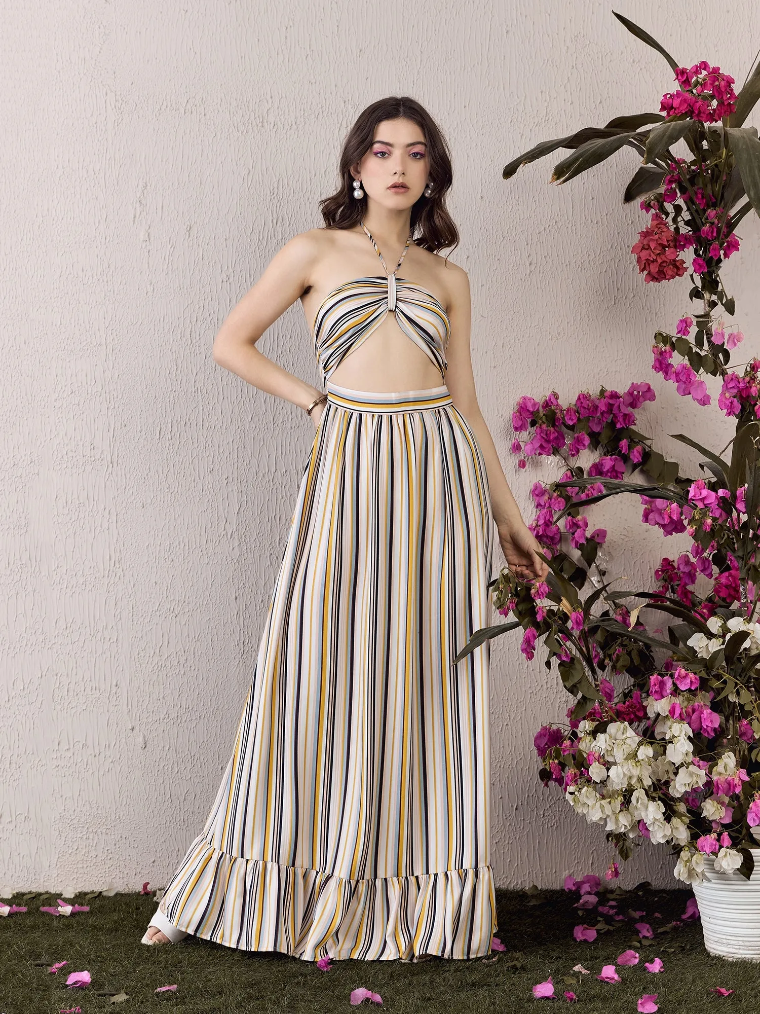 Berrylush Women White & Multicolour Striped Print Halter Neck Sleeveless Backless Front Cutout Flounce Hem Maxi Dress