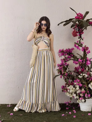 Berrylush Women White & Multicolour Striped Print Halter Neck Sleeveless Backless Front Cutout Flounce Hem Maxi Dress