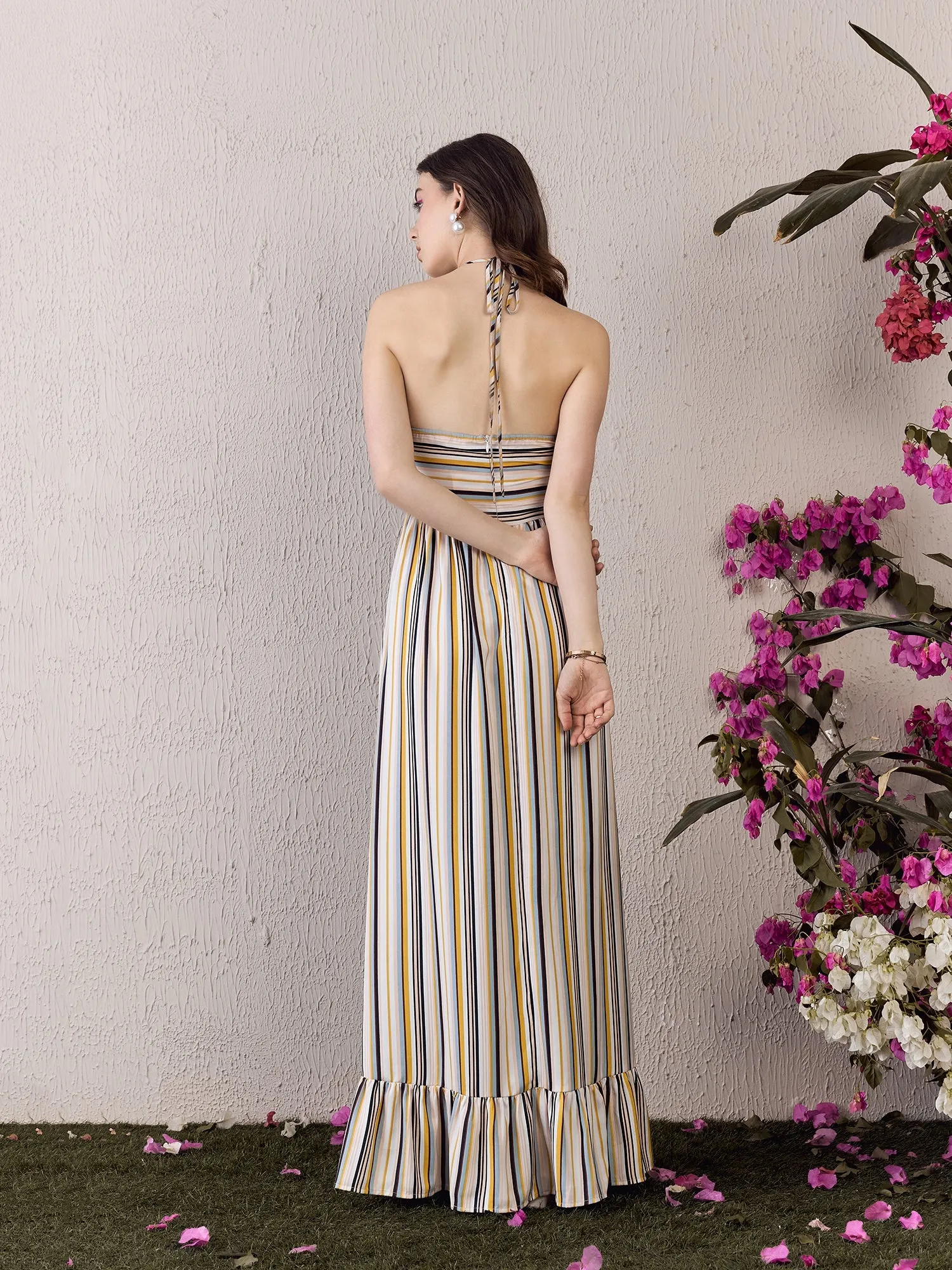 Berrylush Women White & Multicolour Striped Print Halter Neck Sleeveless Backless Front Cutout Flounce Hem Maxi Dress