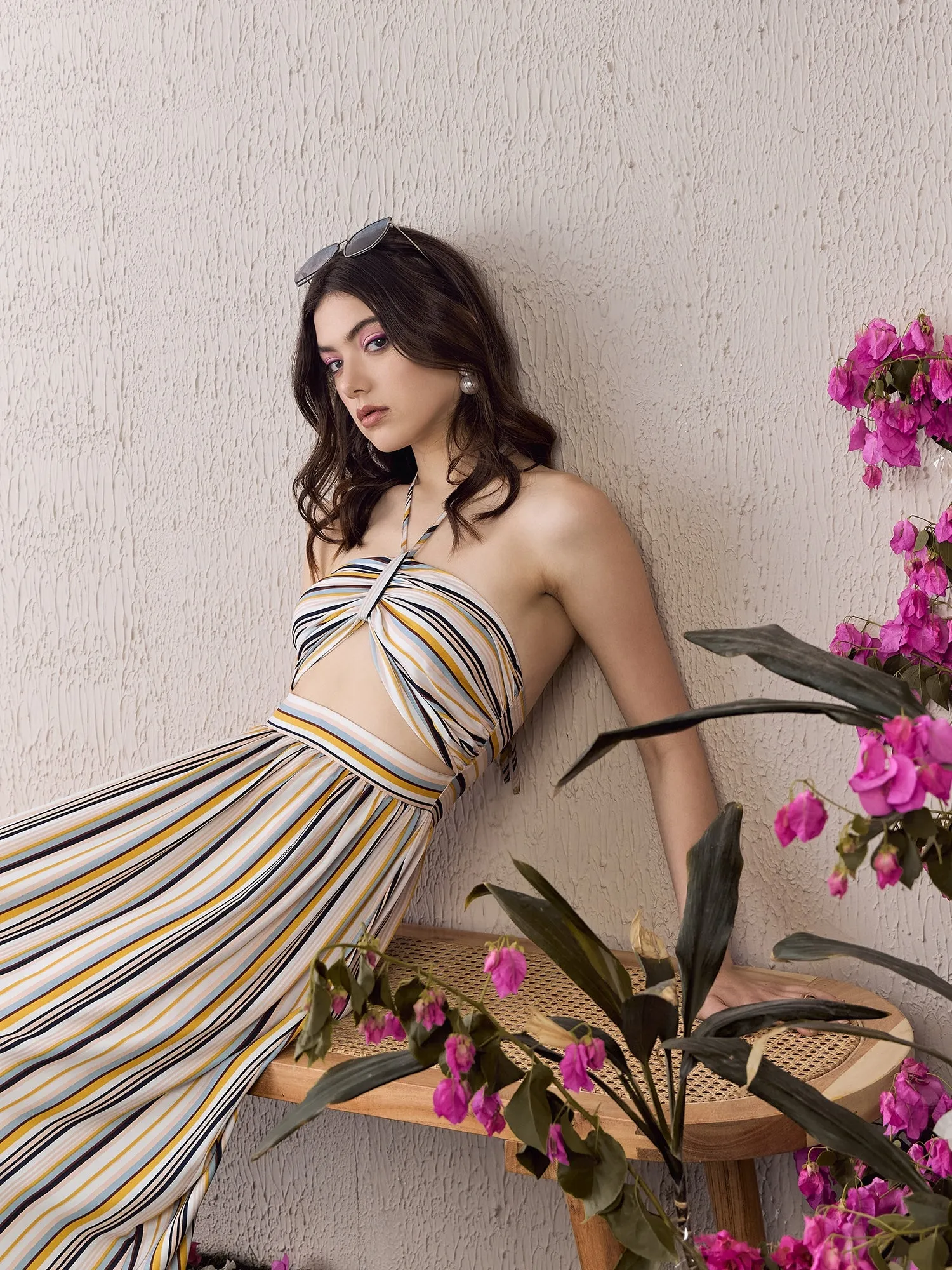 Berrylush Women White & Multicolour Striped Print Halter Neck Sleeveless Backless Front Cutout Flounce Hem Maxi Dress