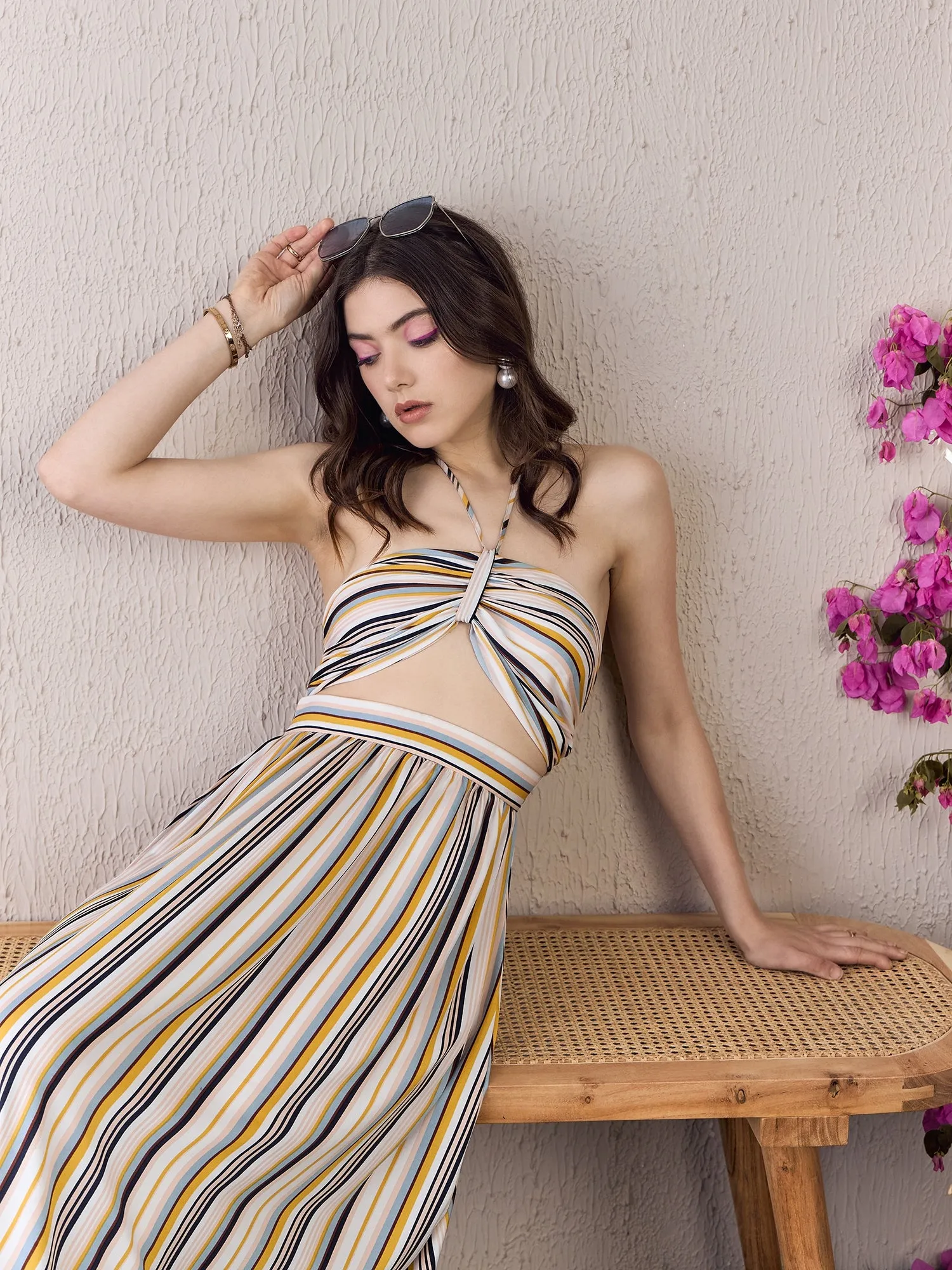 Berrylush Women White & Multicolour Striped Print Halter Neck Sleeveless Backless Front Cutout Flounce Hem Maxi Dress
