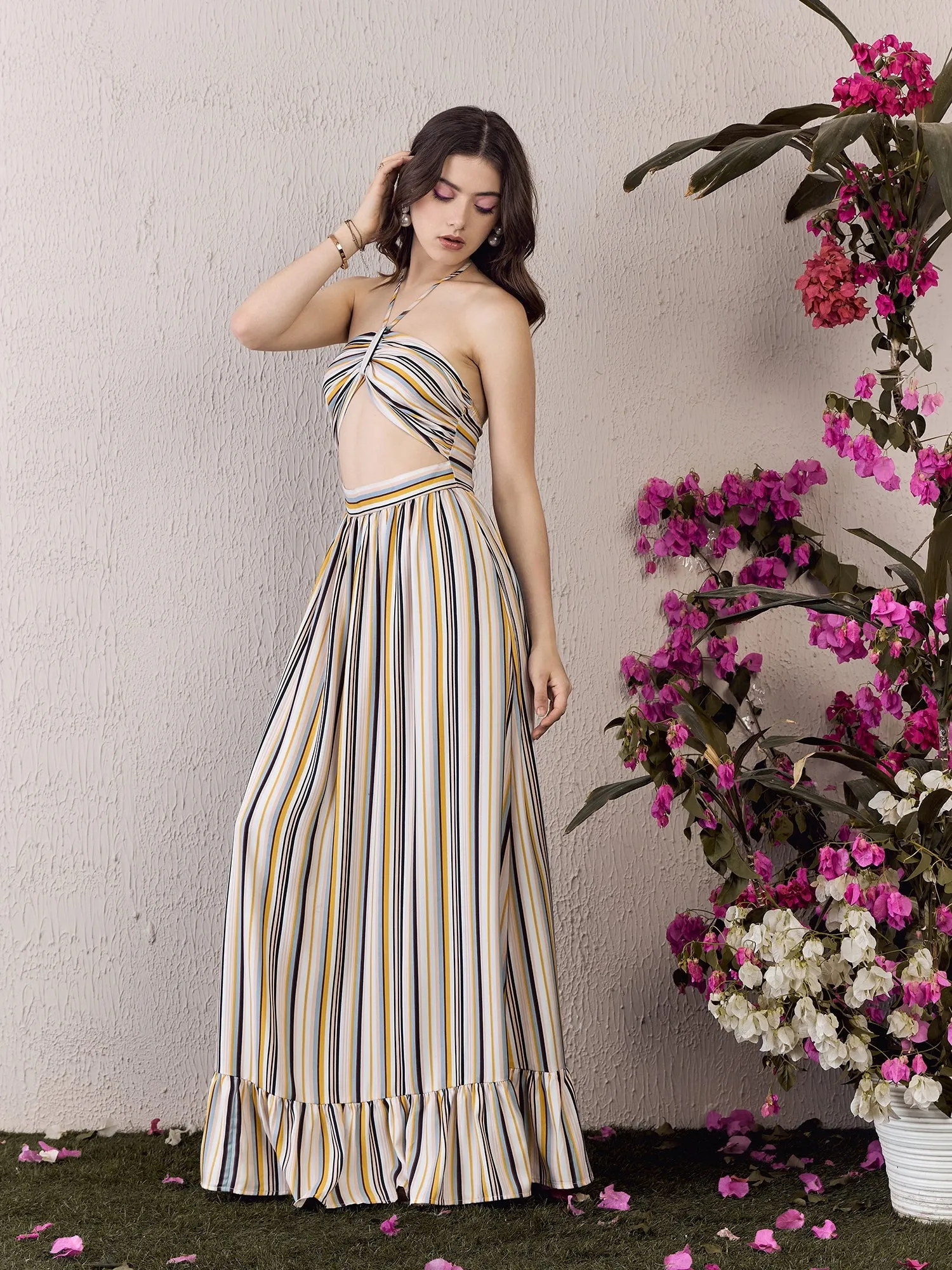Berrylush Women White & Multicolour Striped Print Halter Neck Sleeveless Backless Front Cutout Flounce Hem Maxi Dress