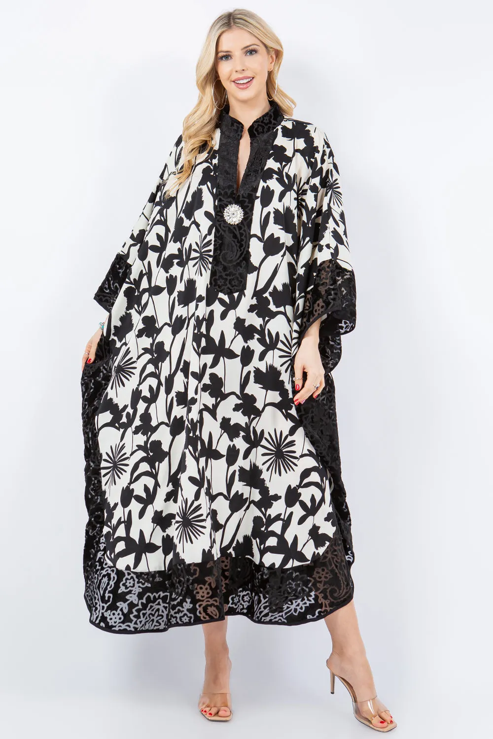 Black & White Kaftan w/ Black Velvet Details