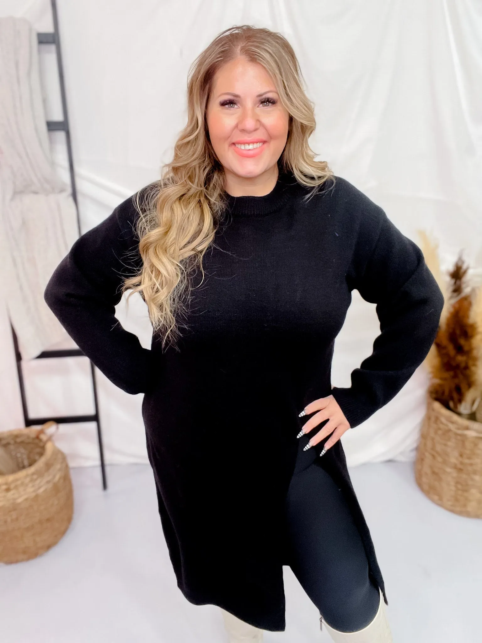 Black Long Sleeve Asymmetric Split Knit Tunic