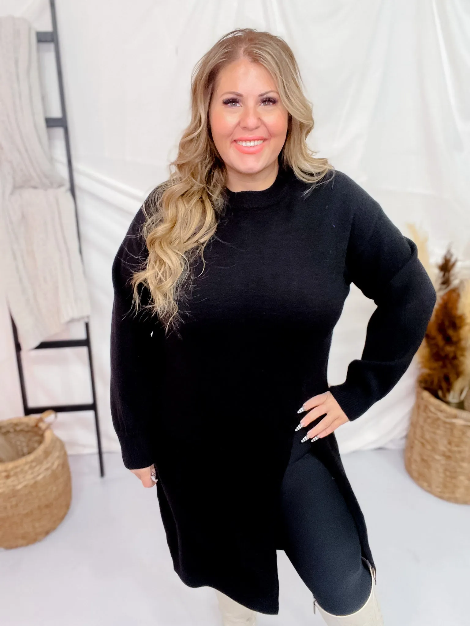 Black Long Sleeve Asymmetric Split Knit Tunic