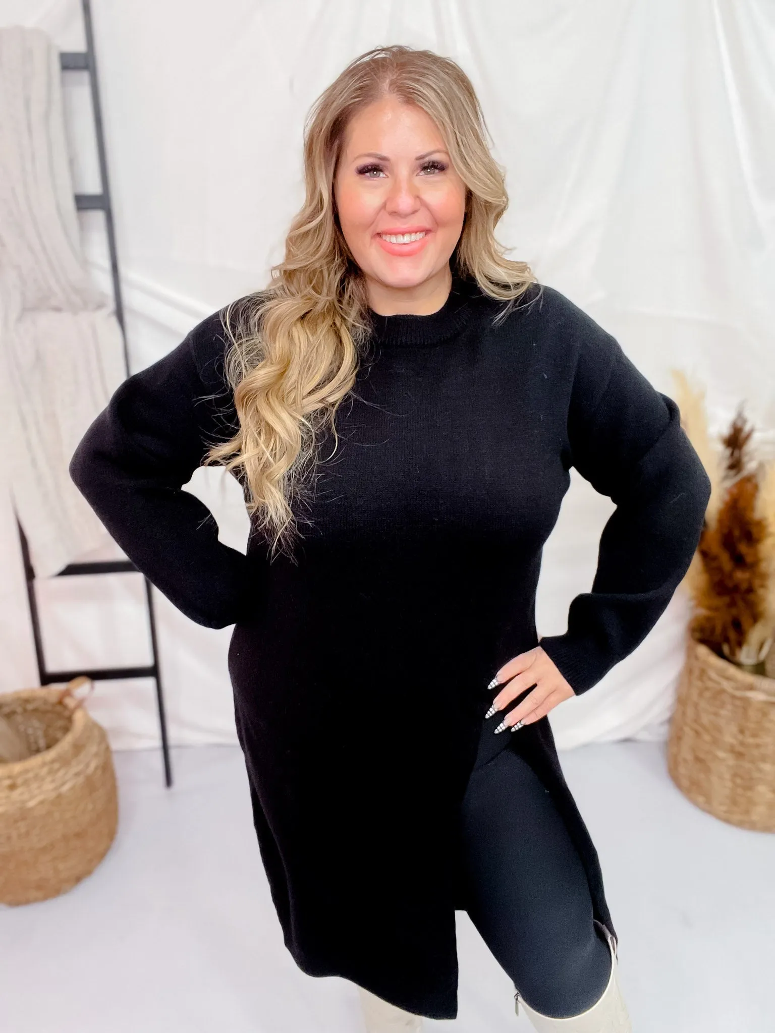 Black Long Sleeve Asymmetric Split Knit Tunic