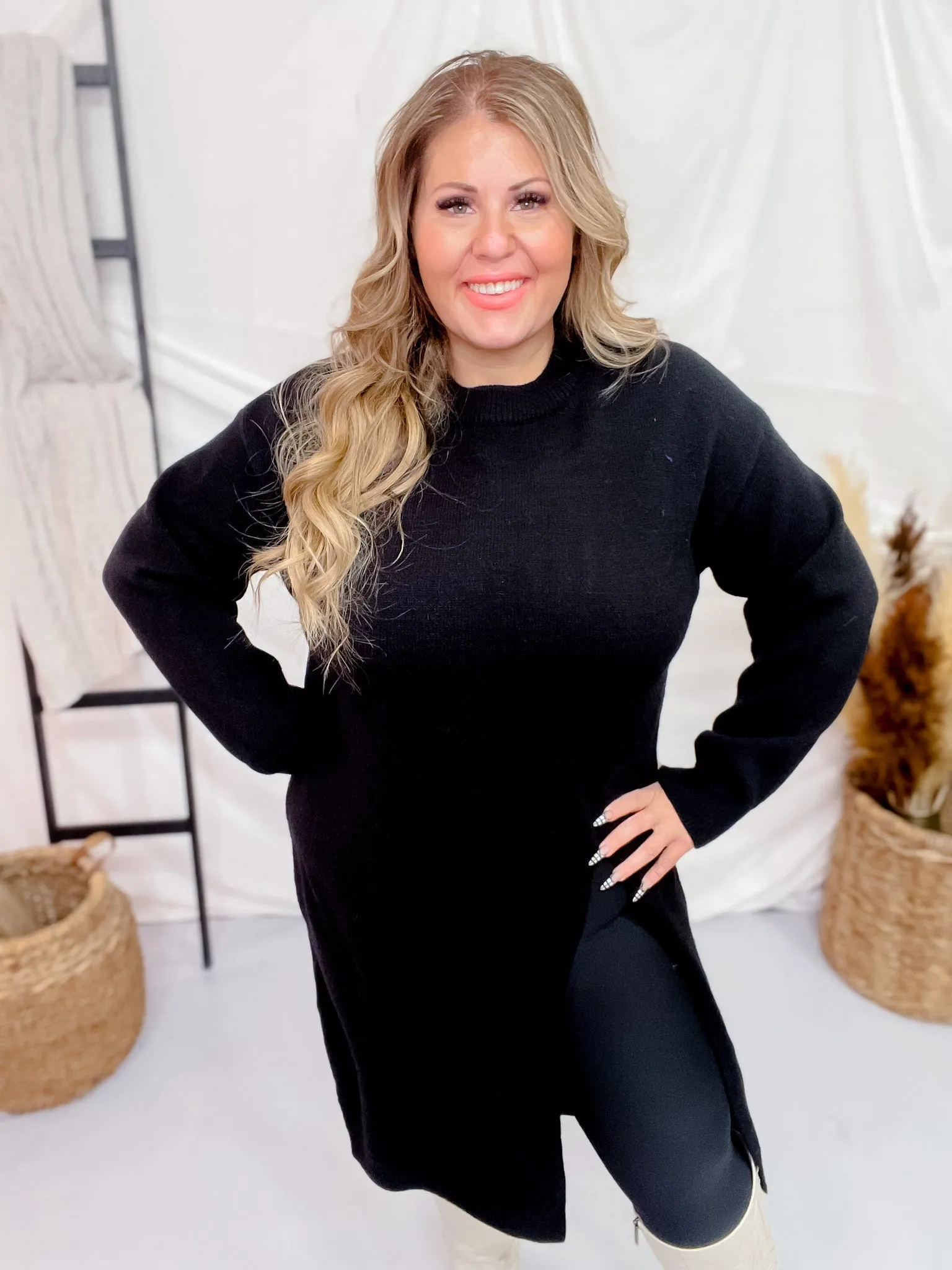 Black Long Sleeve Asymmetric Split Knit Tunic