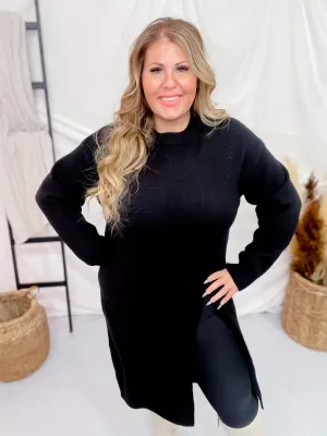 Black Long Sleeve Asymmetric Split Knit Tunic