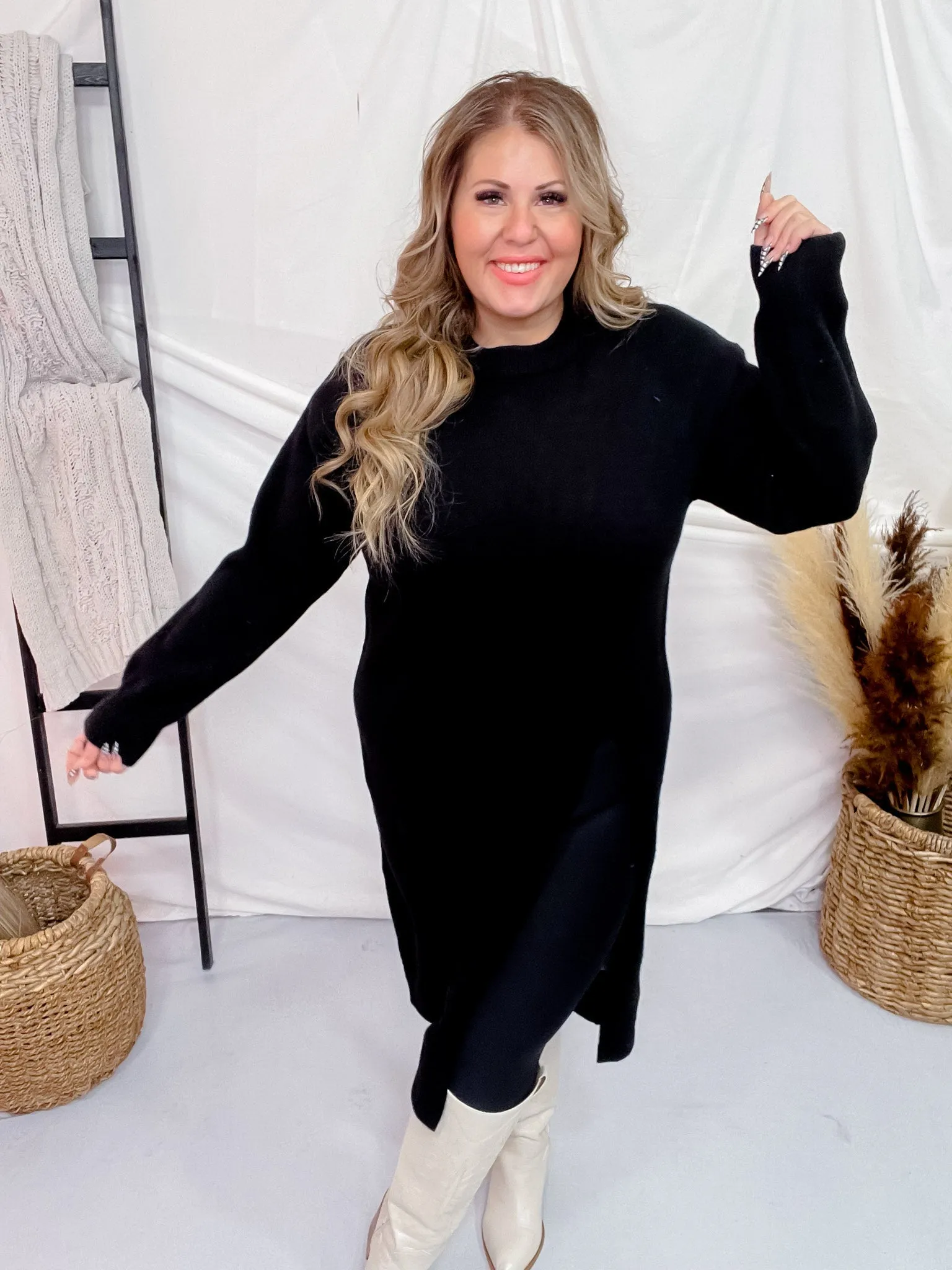 Black Long Sleeve Asymmetric Split Knit Tunic