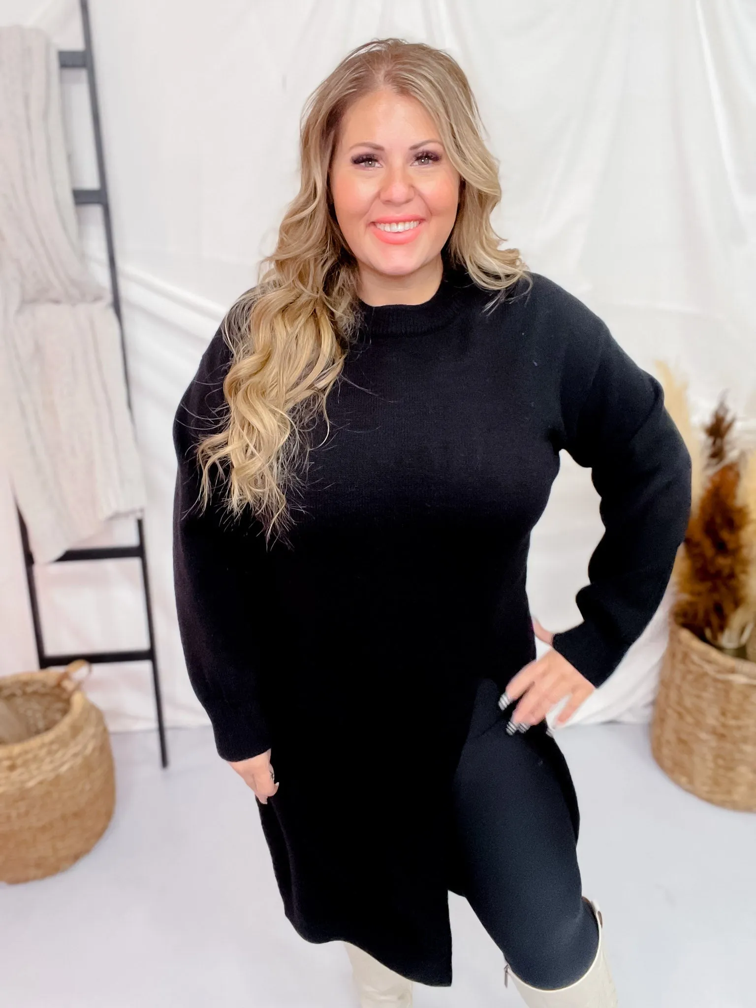 Black Long Sleeve Asymmetric Split Knit Tunic