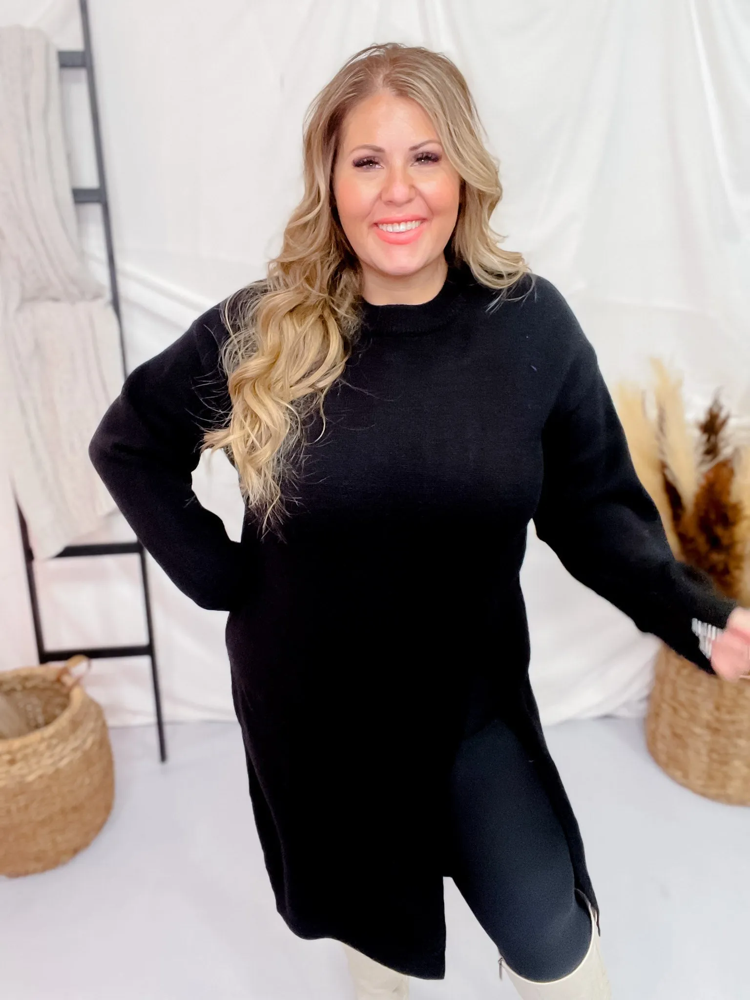 Black Long Sleeve Asymmetric Split Knit Tunic