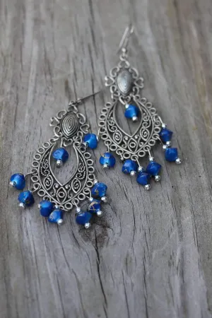 Blue Beaded Scrollwork Earrings - Handcrafted 3.5" Length, 1.5" Width