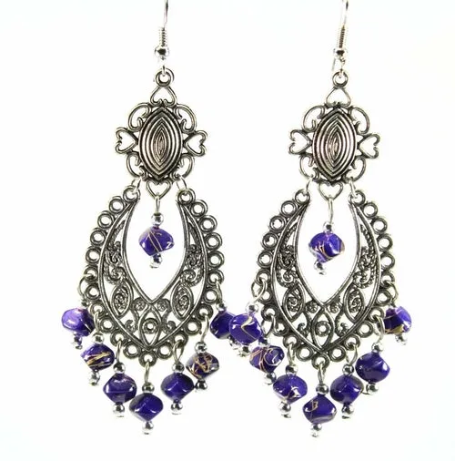 Blue Beaded Scrollwork Earrings - Handcrafted 3.5" Length, 1.5" Width