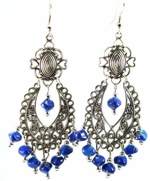 Blue Beaded Scrollwork Earrings - Handcrafted 3.5" Length, 1.5" Width