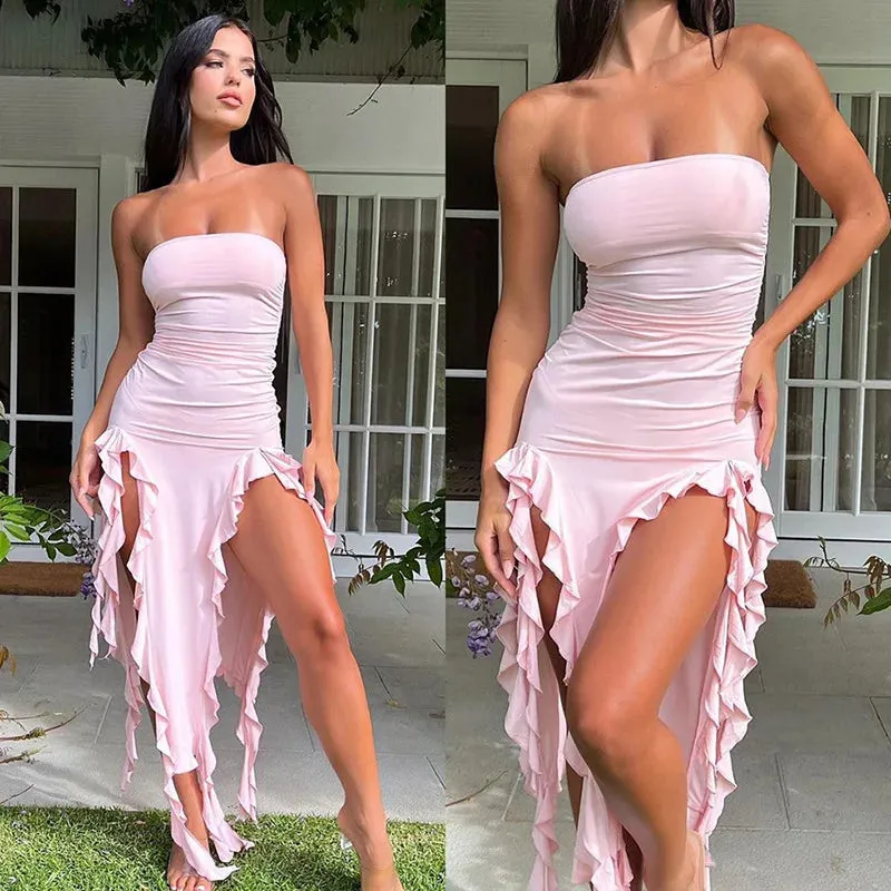 Blue Ruffle Strapless Dress Summer Women Elegant Sleeveless Outfits