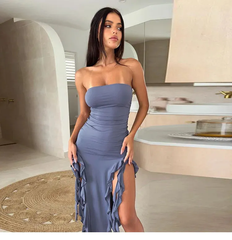 Blue Ruffle Strapless Dress Summer Women Elegant Sleeveless Outfits