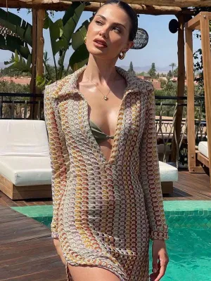 Bohemian Elegance Hollow V-neck Maxi Dress with Playful Slit for Women