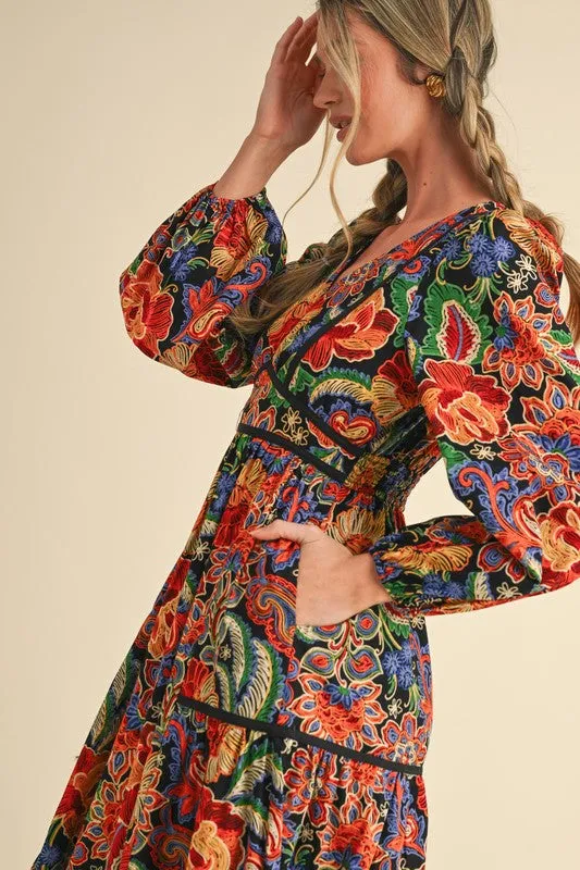 Bold Floral Long Sleeve Midi with Puff Shoulder and Black Contrast Binding