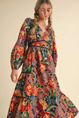 Bold Floral Long Sleeve Midi with Puff Shoulder and Black Contrast Binding