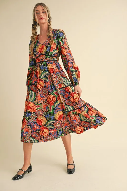 Bold Floral Long Sleeve Midi with Puff Shoulder and Black Contrast Binding