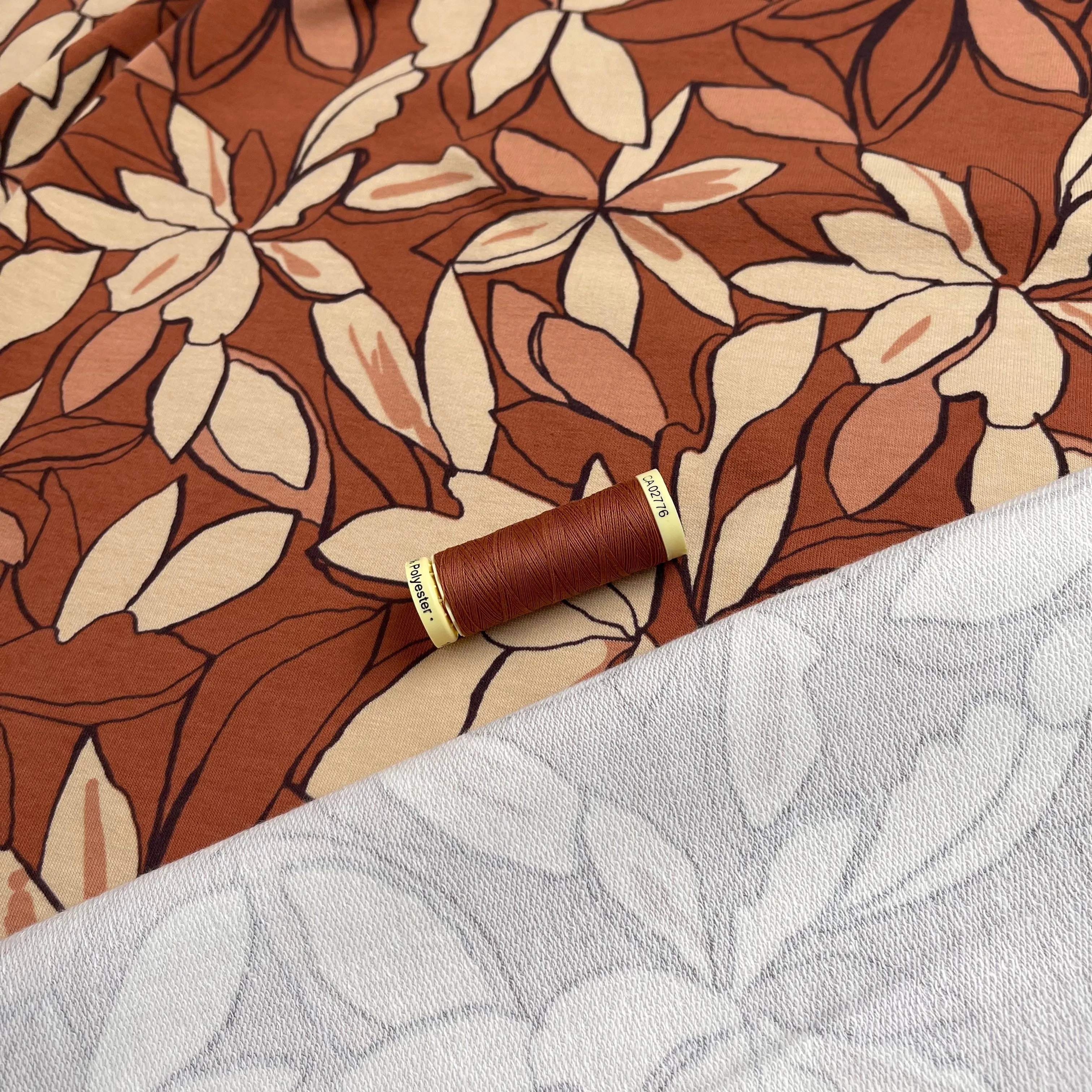 Bold Flowers Brique Cotton French Terry Fabric