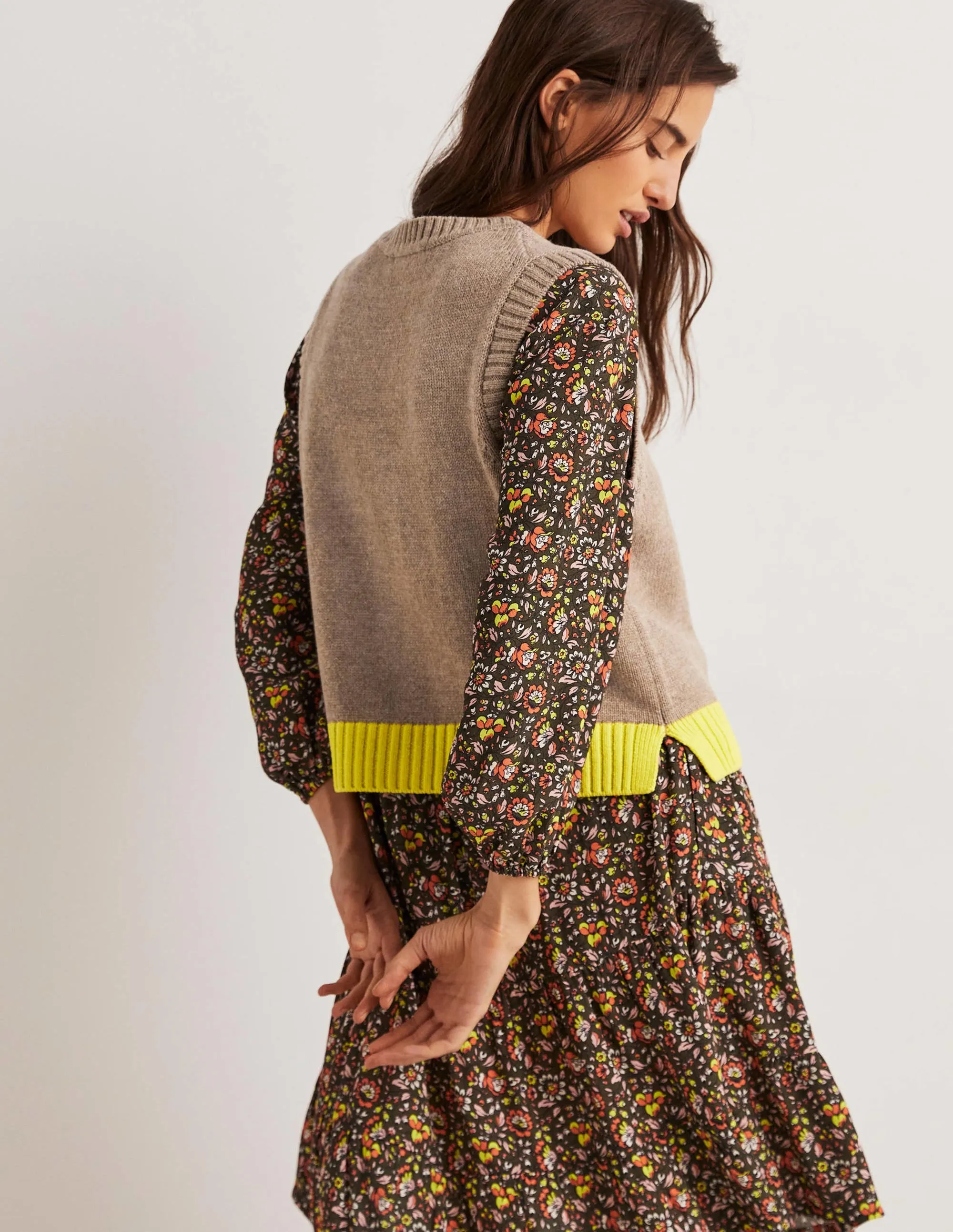 Button Up Knitted Tank Top-Dark Mink Melange, Neon Yellow