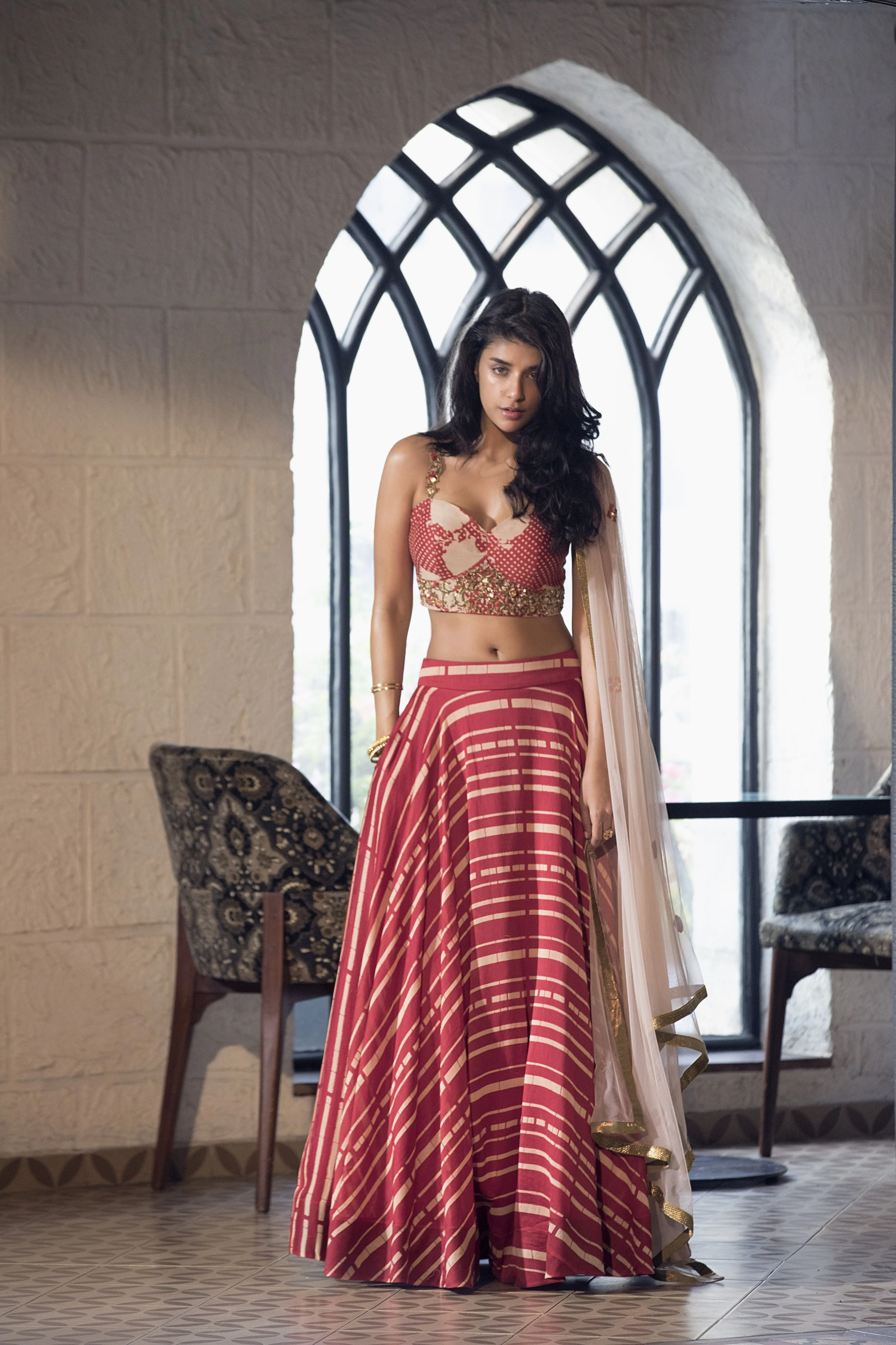 Cherry Red Floral Polka Dot Blouse with Stripe Lehenga  Festive Set
