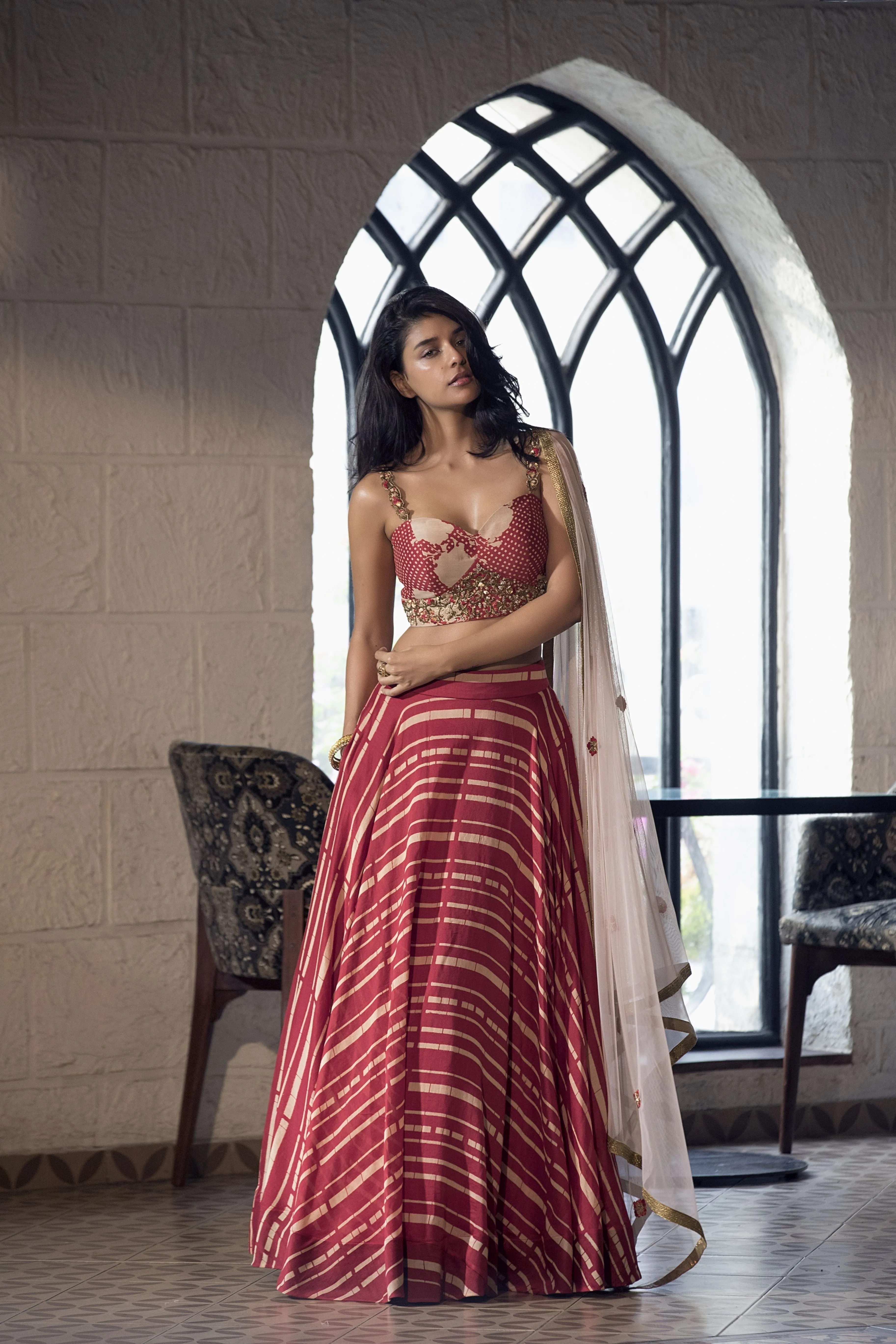 Cherry Red Floral Polka Dot Blouse with Stripe Lehenga  Festive Set