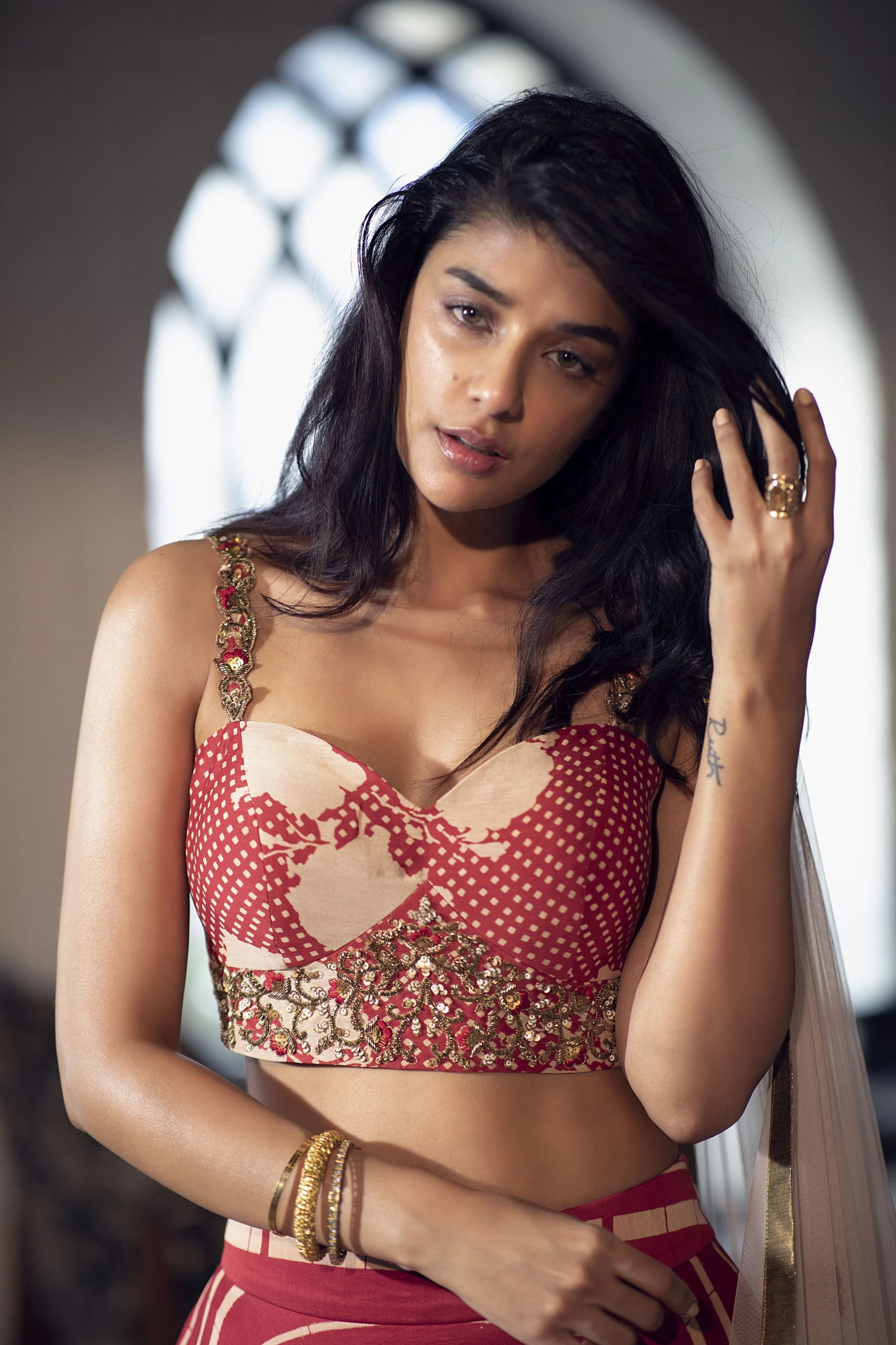 Cherry Red Floral Polka Dot Blouse with Stripe Lehenga  Festive Set