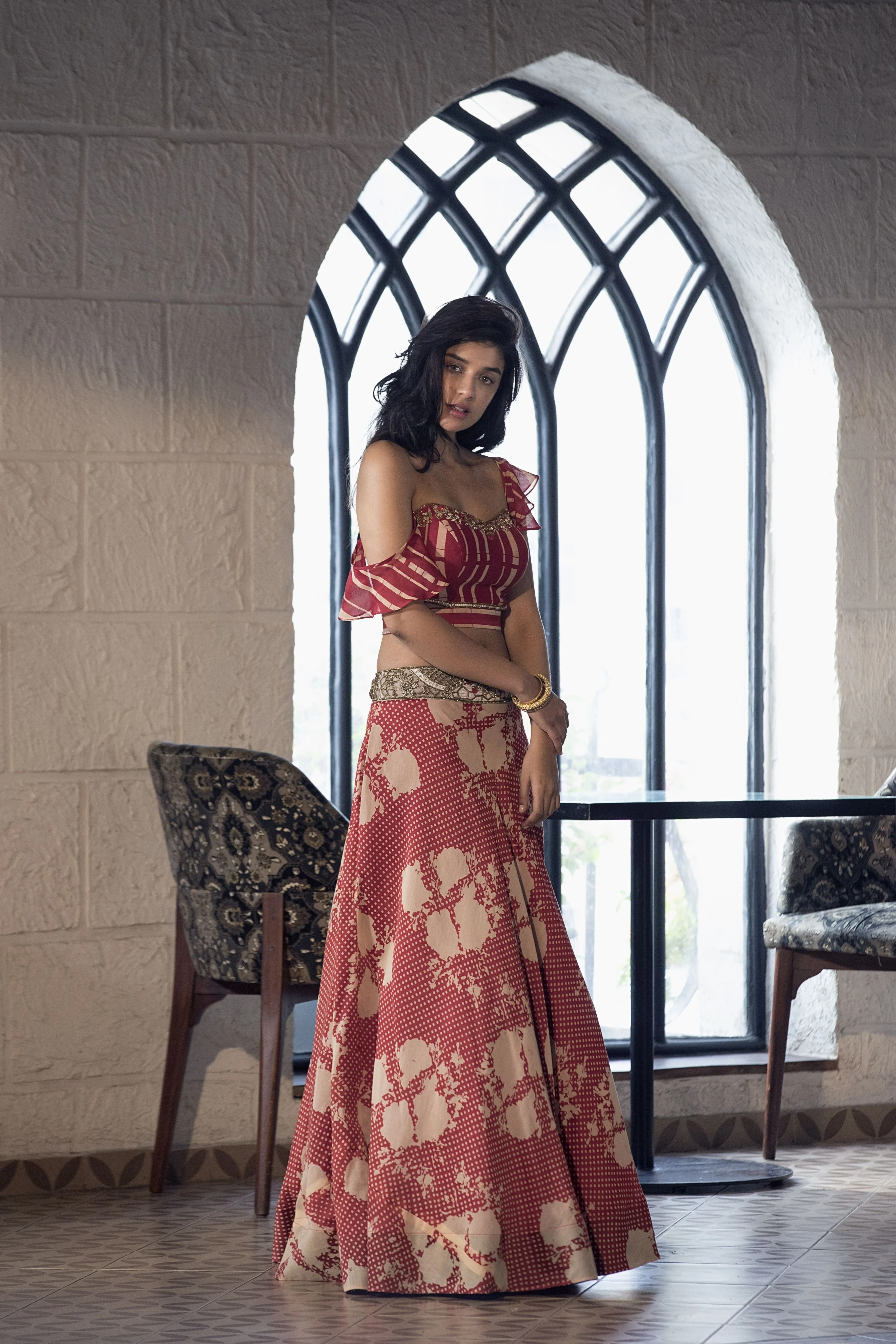 Cherry Red Stripe Blouse with Floral Polka Dot Lehenga  Festive Set.